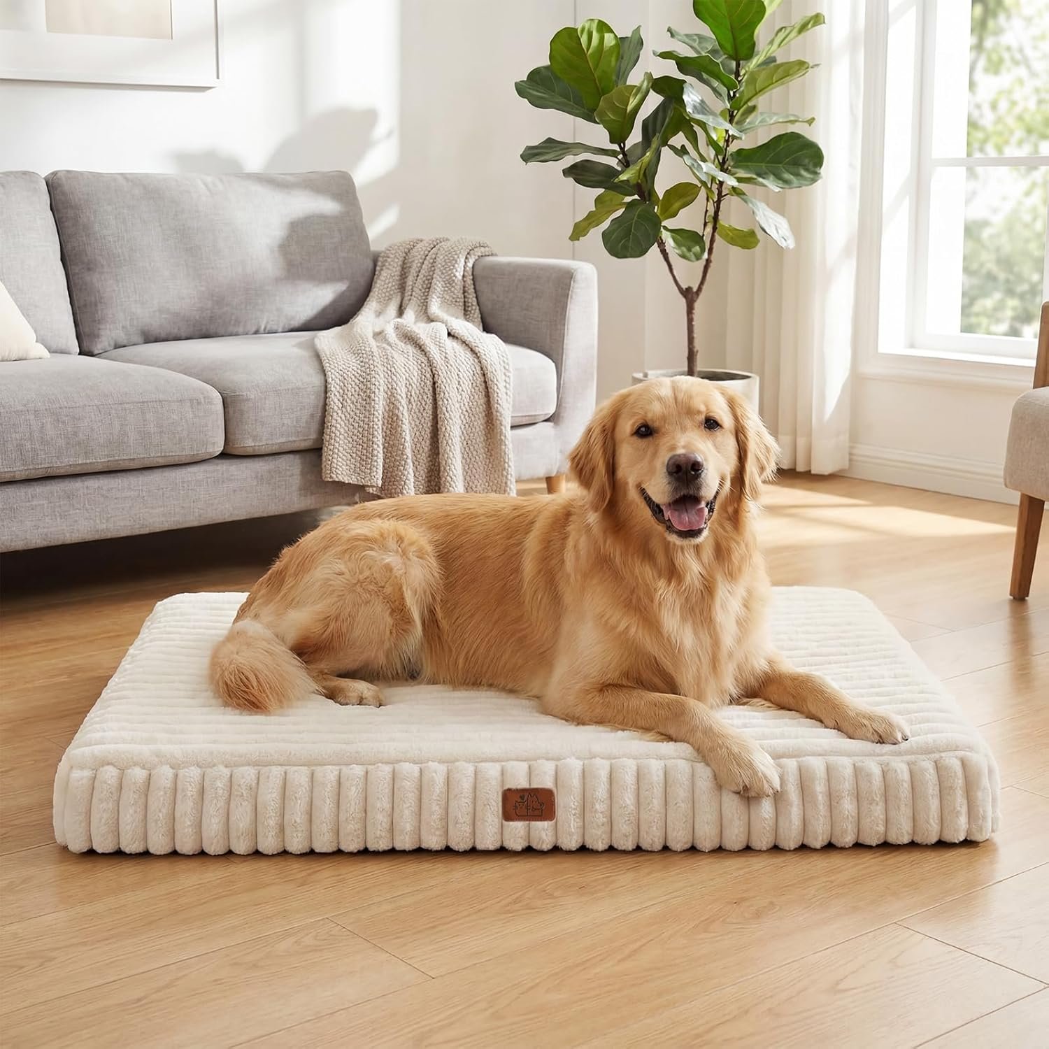 Orthopedic Dog Bed for Extra Large Dog, Waterproof Pet Bed,Non-Slip Bottom and Egg-Crate Foam with Removable Washable Cover Crate Bed,Cream,42″x30″x4″