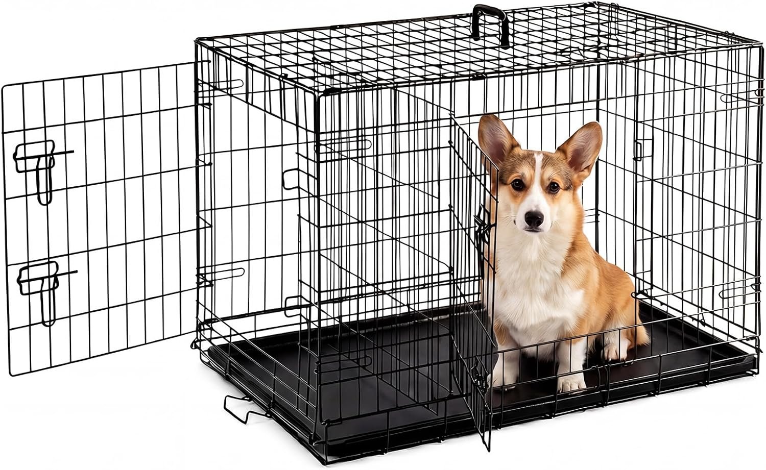 Sweetcrispy Large Dog Crate, 37 Inch Double Door Folding Metal Wire Dog Cage with Plastic Leak-Proof Pan Tray, Pet Kennel for Indoor, Outdoor, Travel
