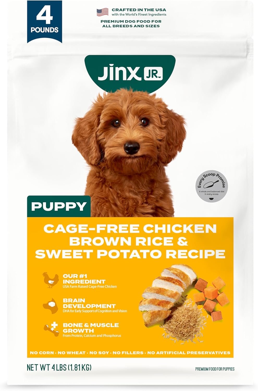 Jinx Premium Dry Dog Food, Puppy – Real Chicken, Brown Rice & Sweet Potato Kibble for Puppies with DHA, Protein & Calcium for Brain Health – Probiotics for Digestive Support – No Fillers – 4lb