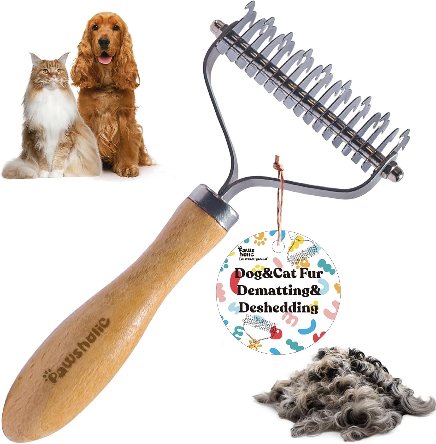 Undercoat Rake for Dogs – Professional Pet Shedding Dematting Comb with Wood Handle, Stainless Steel Blades for Pet Cats Dogs Matted Hair Tangles Removing