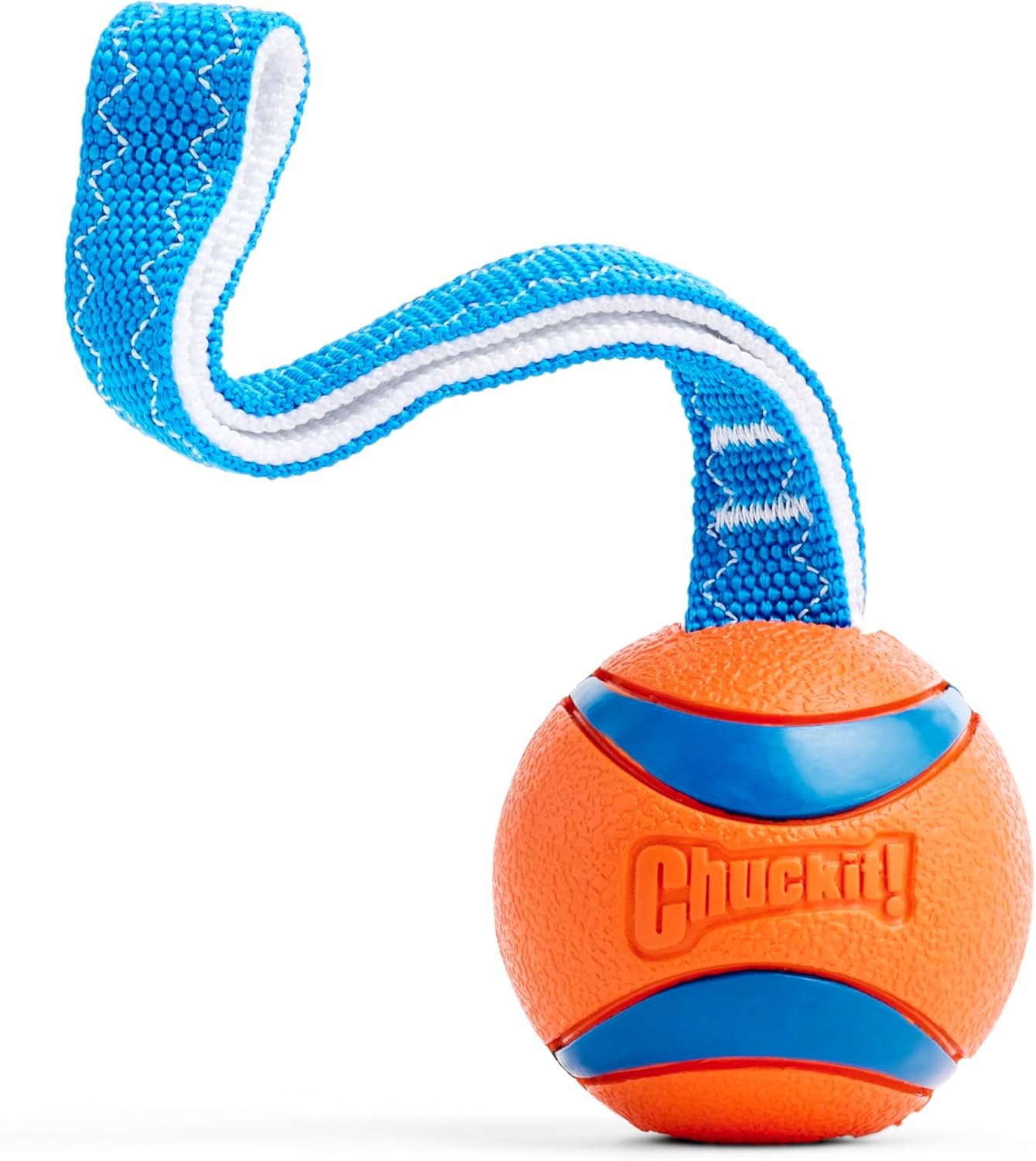Chuckit! Ultra Tug Dog Toy – Ultra Ball on a Durable Nylon Cord Handle – Fetch and Tug-of-War Toy for Dogs – Size Large – For Breeds 60-100 lbs – 3-inch Diameter – Orange and Blue