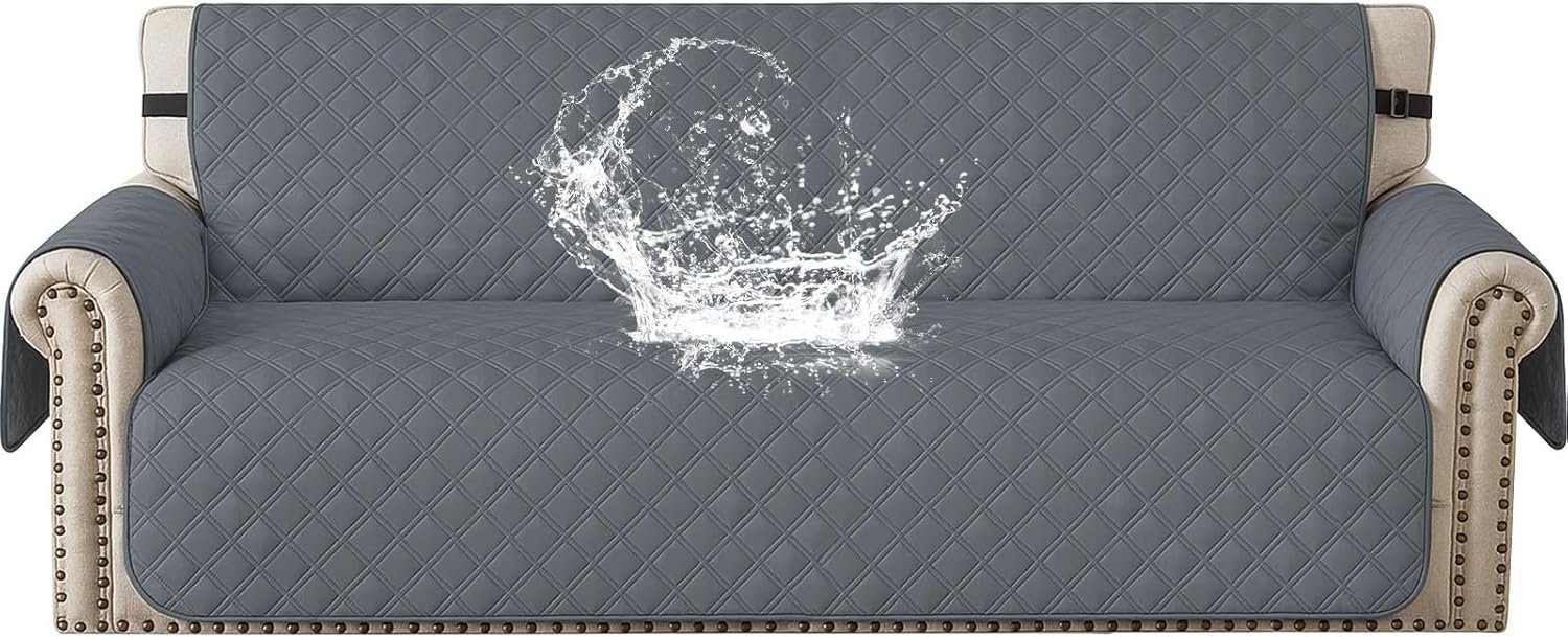 Waterproof Couch Cover for Pets, Sofa Covers for 3 Cushion Couch Washable, Non Slip Couch Covers for Dogs with Side Pockets Elastic Straps, Quilted Couch Covers for Sofa (Sofa, Dark Grey)