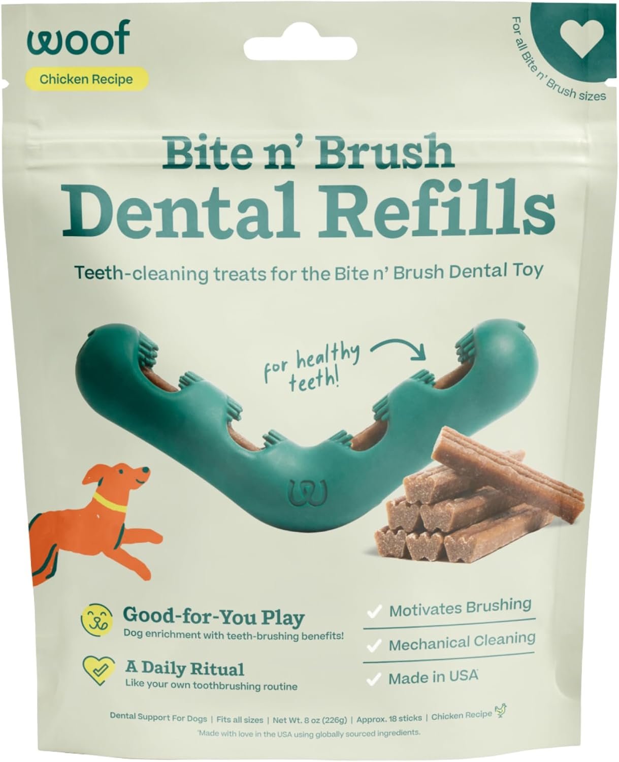 WOOF – Bite n’ Brush Refills Treats for the Dog Toothbrush Toy – Scrub Plaque and Tartar from Your Dog’s Teeth and Mouth – Dog Dental Sticks – 18 Refills – Chicken