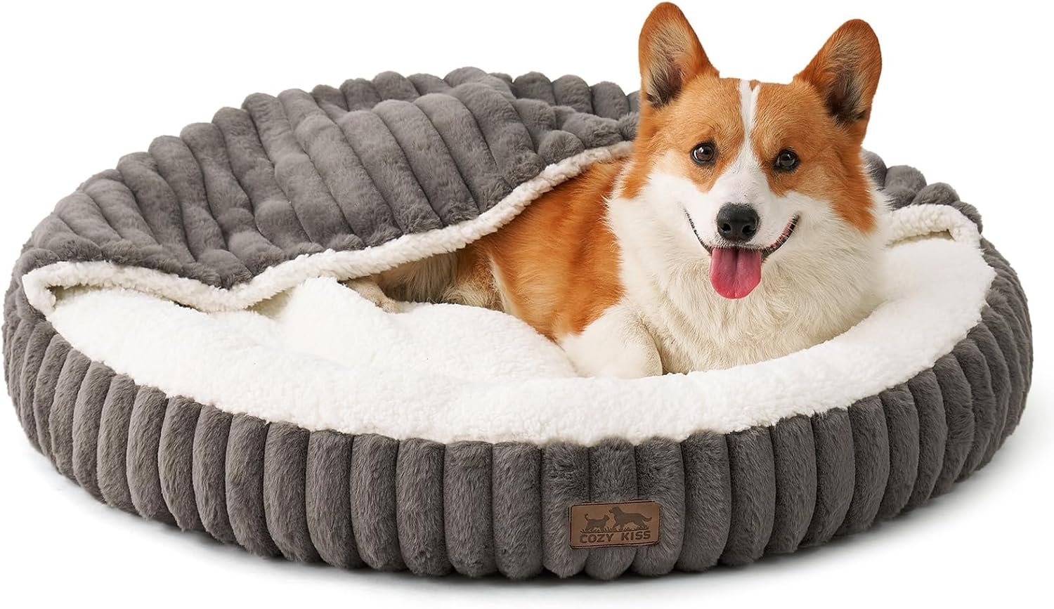 Dog Bed with Hooded Blanket, Round Fluffy Anti-Anxiety Pet Bed for Small Dogs & Medium Dogs, Cozy Donut Cuddler with Machine Washable Faux Fur & Anti-Slip Bottom(26″×26″×7″,Grey)
