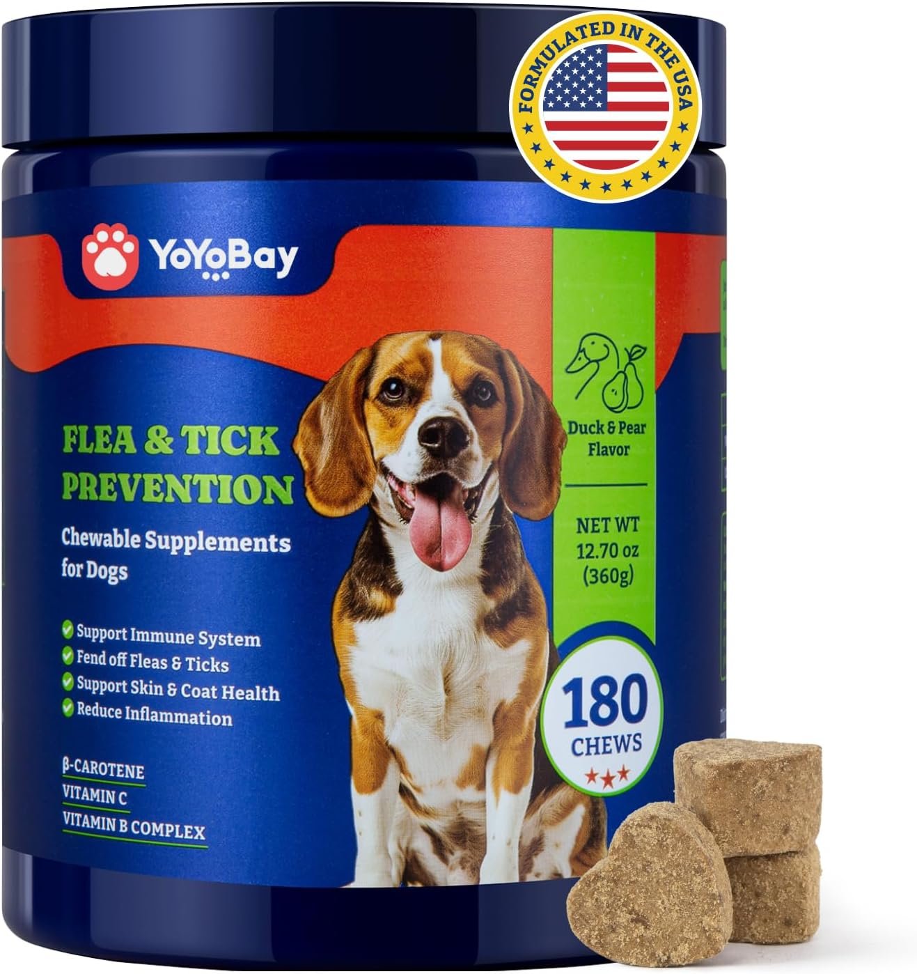 Flea and Tick Prevention for Dogs Chewable – 180 Soft Chews, Duck & Pear Flavor – Dog Flea and Tick Treatment Chewable, Natural Defense- Dog Immune Support Supplement