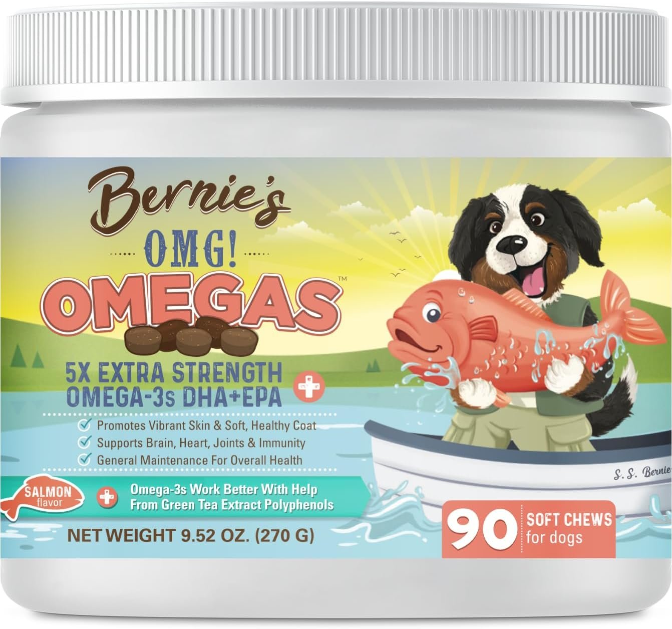 Bernie’s OMG! Omegas Chews for Dogs – 5X Extra Strength DHA+EPA, Fish Oil, Healthy Skin & Coat, Allergy Relief, Joint Supplement (Salmon Flavor)