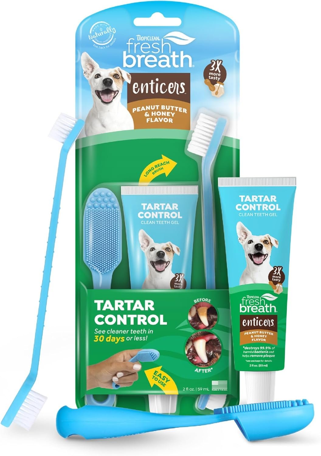 TropiClean Fresh Breath Oral Care Kit – Soft Bristle Finger Toothbrush – Dog Tooth Brushing Kit – Peanut Butter and Honey Flavor Dog Toothpaste