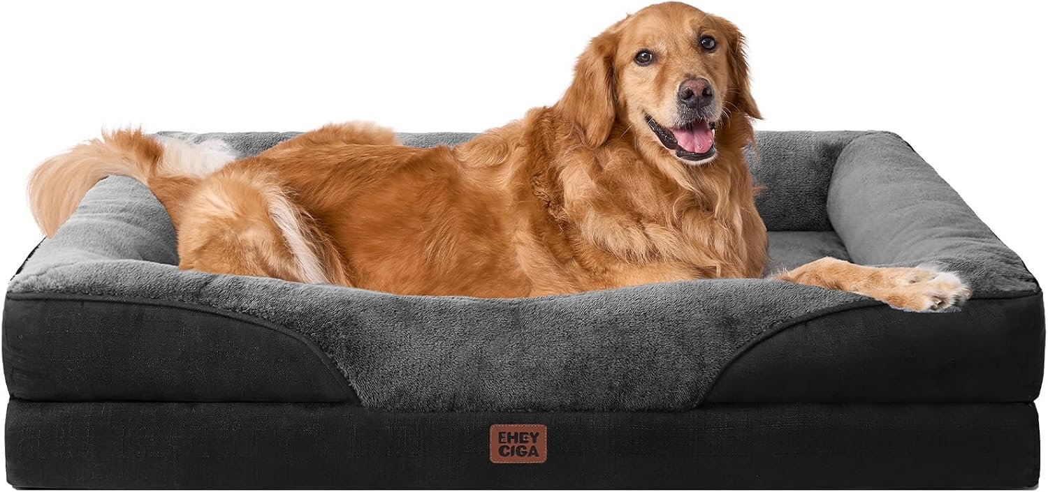 EHEYCIGA Orthopedic XL Dog Bed for Large Sized Dog, 42×30 Inch Extra Large Memory Foam Dog Couch Bed with Sides, Waterproof Liner & Washable Removable Cover, Bolster Pet Sofa, Grey/Black