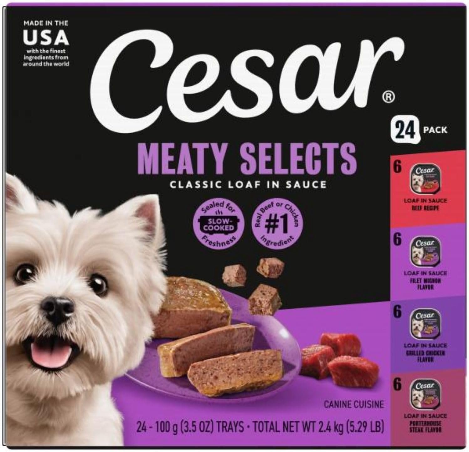 Cesar Classic Loaf in Sauce Wet Dog Food, Beef Recipe, Filet Mignon Flavor, Grilled Chicken Flavor, and Porterhouse Steak Flavor, 3.5 oz. Easy Peel Trays, Variety Pack (24 Count, Pack of 1)