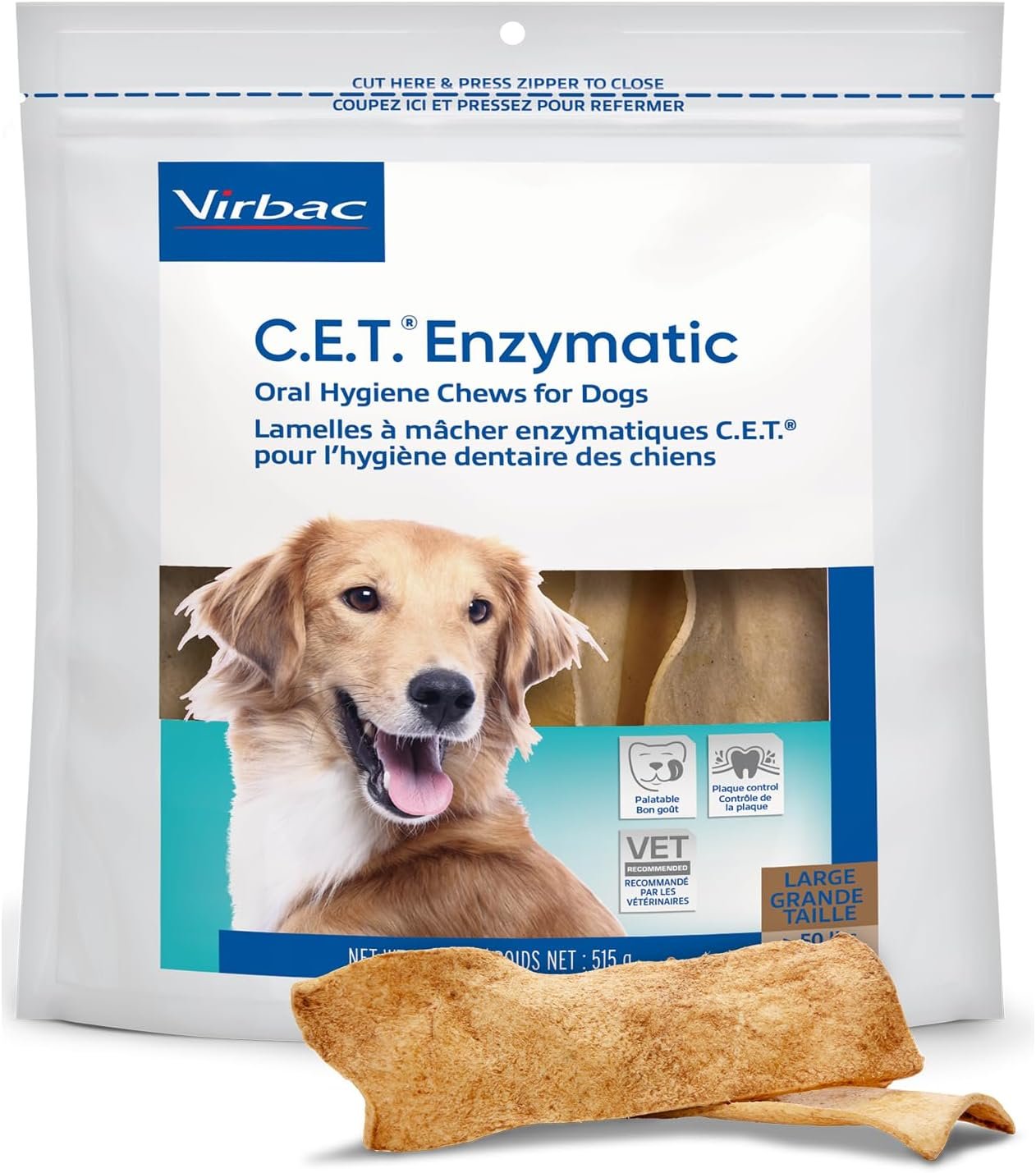 Virbac C.E.T.® Enzymatic Oral Hygiene Chews for Dogs, Large – Plaque & Tartar Control – Single Layer Beefhide with Exclusive Dual-Enzyme System & Tasty Chicken Flavor – Easy to Give Dog Dental Chew