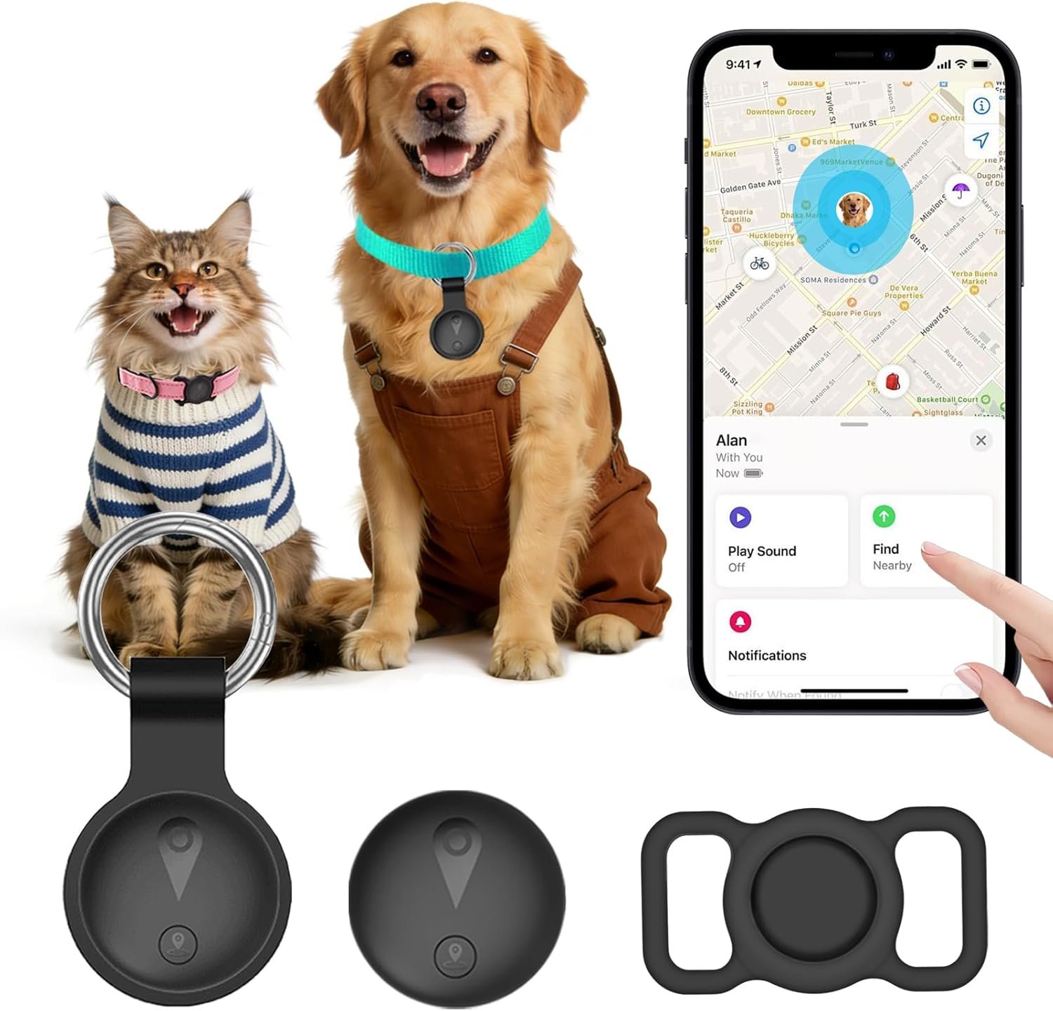 Pet GPS Tracker for Dogs,Smart Mini Location Collar Trackers for Cats,Works with iOS Find My,No Monthly Fee Subscription,IP67 Waterproof Real-Time Global Tracking Anti-Lost Ultra-Slim