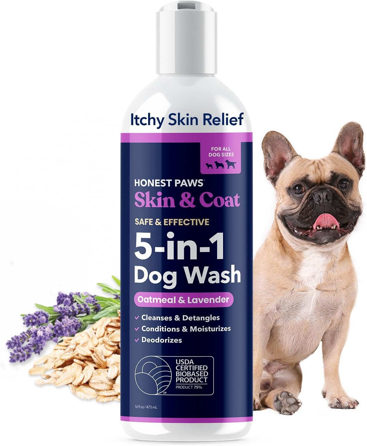 Honest Paws Dog Shampoo and Conditioner – Premium Dog Wash for Allergies and Dry, Itchy, Moisturizing for Sensitive Skin – Sulfate Free, Plant Based, All Natural – Oatmeal & Lavender – 16 Fl Oz