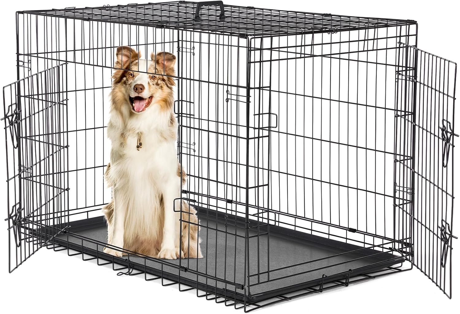 Sweetcrispy 42 Inch Dog Crate, Medium Large Crates Double Door Folding Metal Wire Dog Cage with Plastic Leak-Proof Pan Tray, Pet Kennel for Indoor, Outdoor, Travel