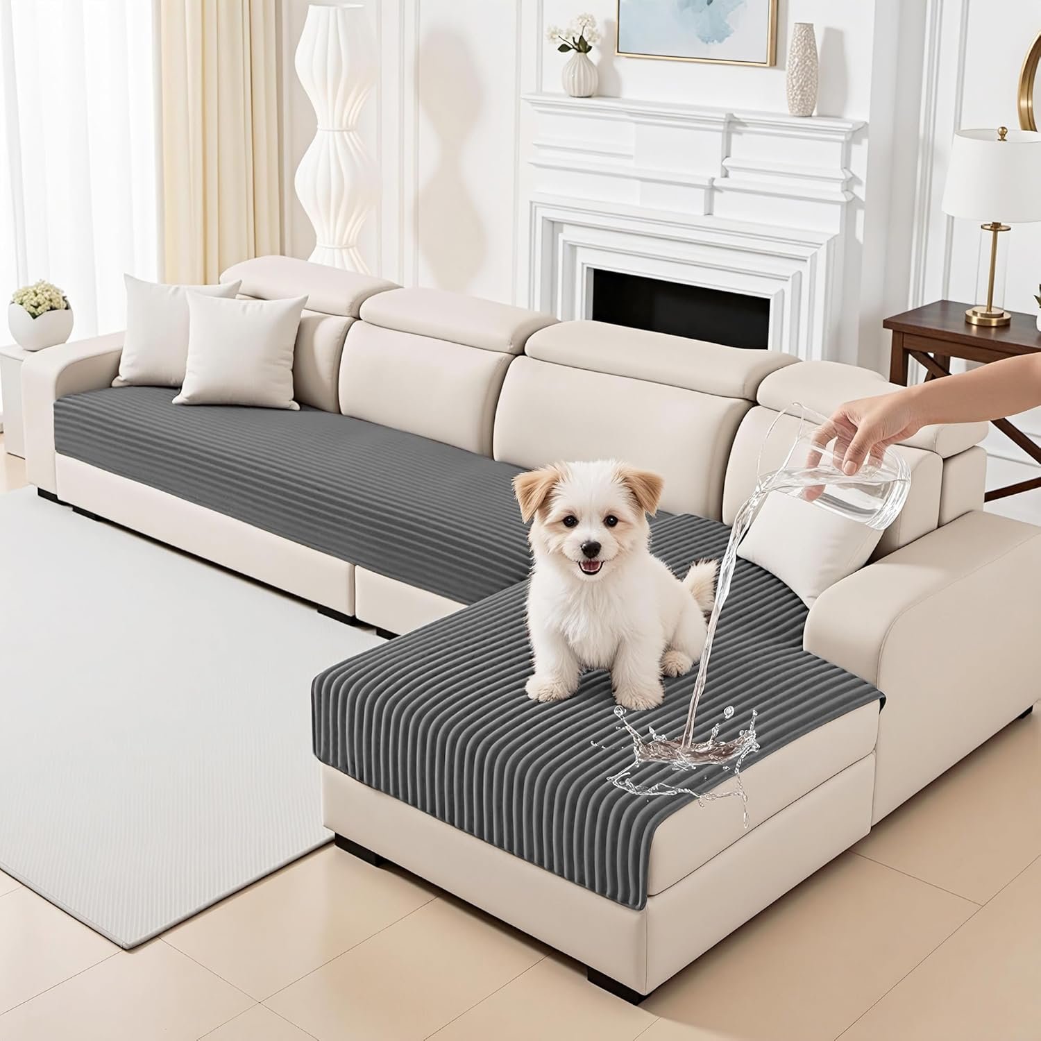 MYSKY HOME Couch Covers for Sectional Sofa, L Shaped Couch Cover, 100% Waterproof Couch Covers for Dogs, Sectional Couch Cover, Non Slip 2 Pieces Sofa Cover, Dark Grey, 35″x63″+35″x63″