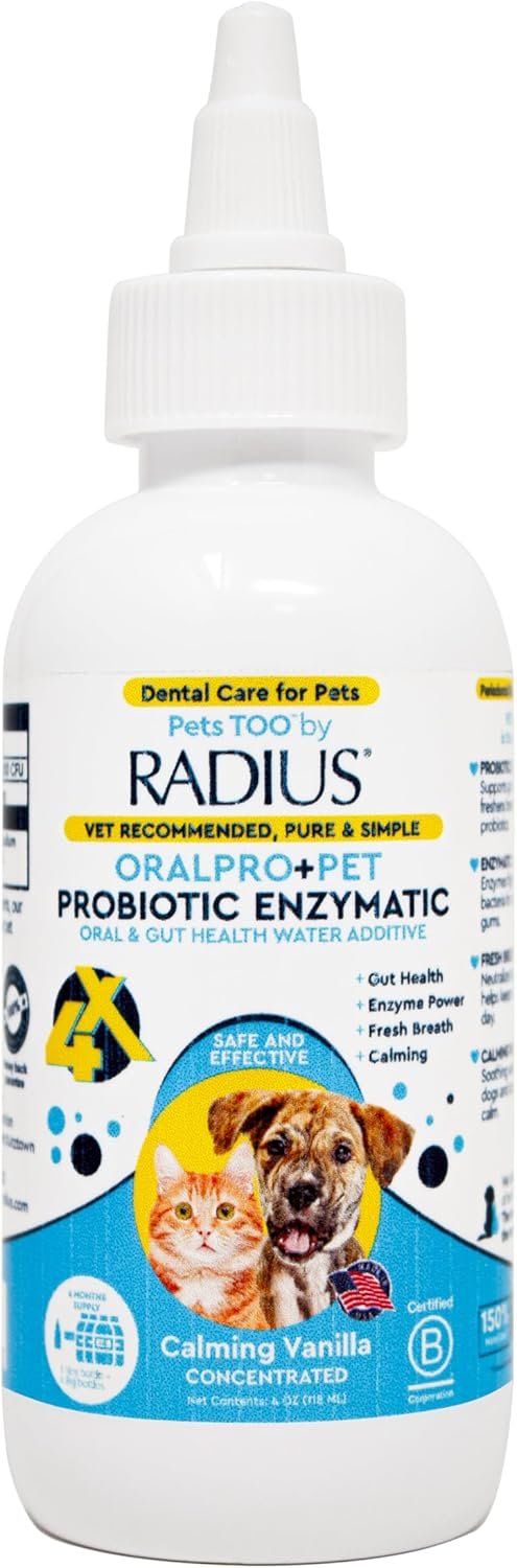 RADIUS OralPro+ Pet Probiotic Enzymatic Water Additive – Dog and Cat Dental Care Solution – Plaque & Tartar Defense Meal Supplement – Fresh Breath & Gut Health – Calming Vanilla, 4 Oz (Pack of1)
