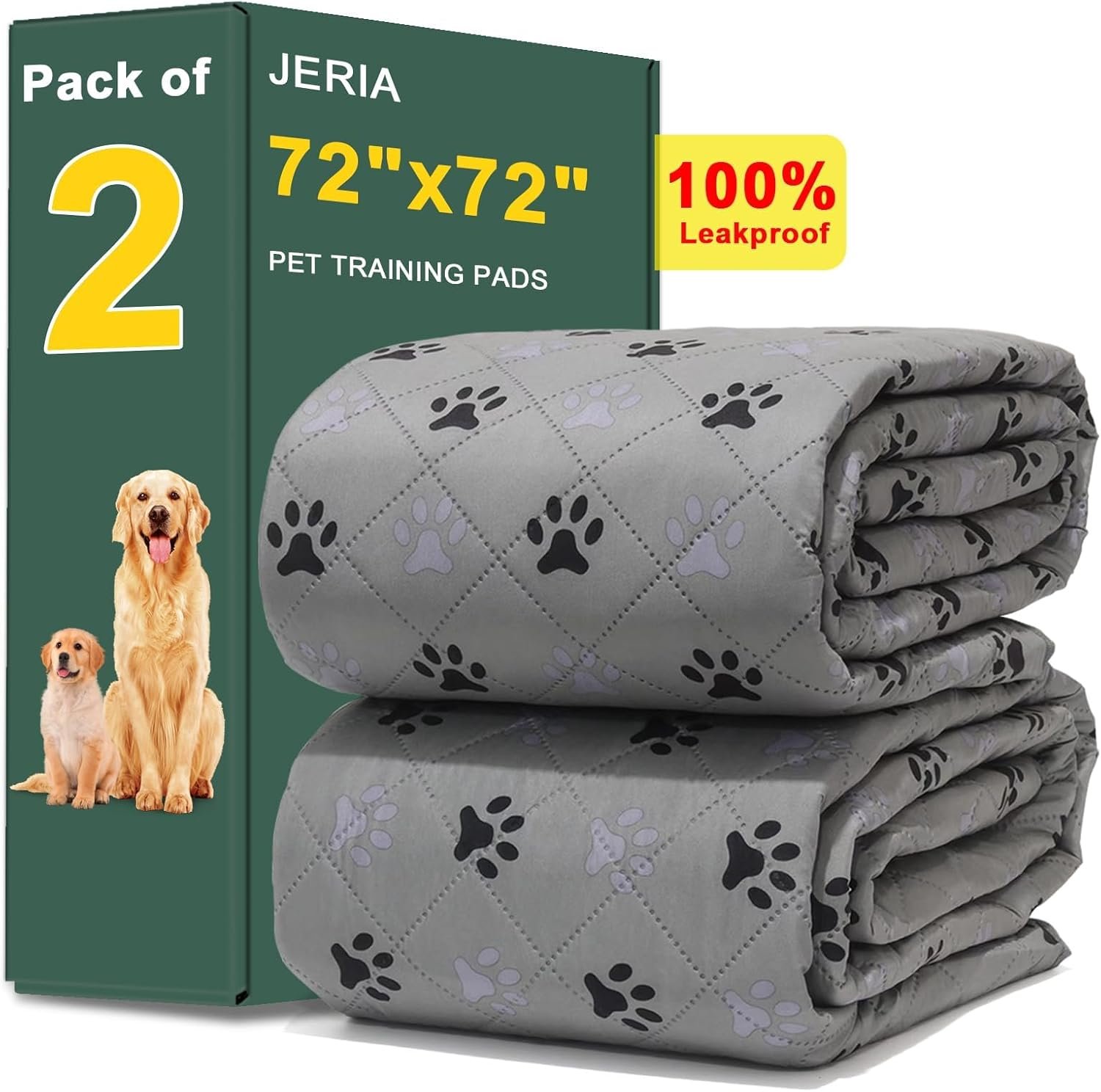 JERIA 2 Pack 72″x 72″ Waterproof Non Slip Wee pad，Reusable Washable Pee Pads for Dogs，Absorbent and Leakproof Training Mats for Potty, Bed, Sofa, Potty Training