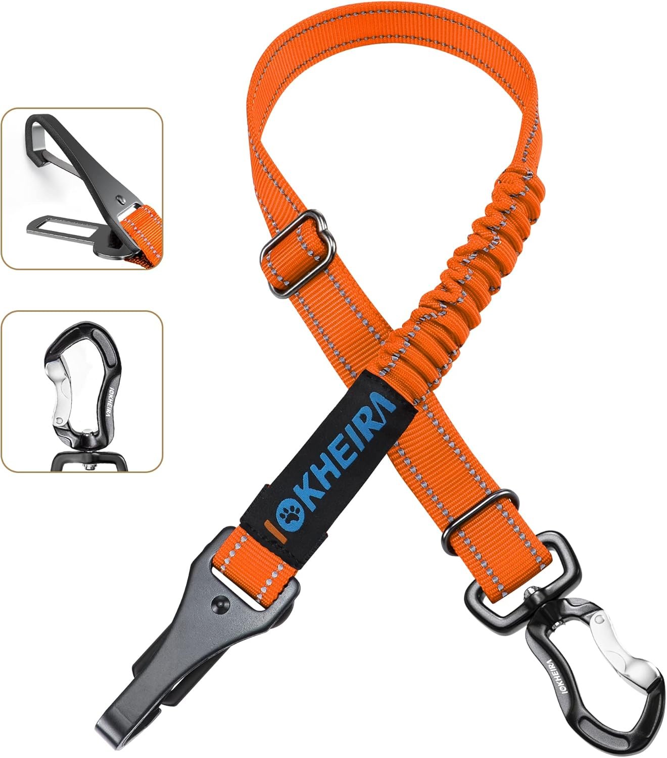 IOKHEIRA Orange Dog Seatbelt – Adjustable Reflective Bungee Harness with Aluminum Swivel Carabiner