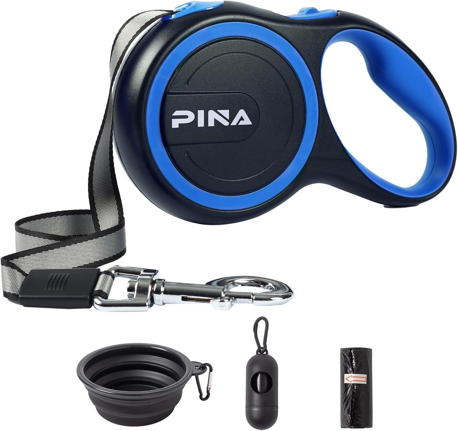 PINA Retractable Dog Leash, 26ft Dog Leash for Small Medium Large Dogs Up to 110lbs, 360° Tangle-Free Strong Reflective Nylon Tape, with Anti-Slip Handle, One-Handed Brake, Lock – Black Blue