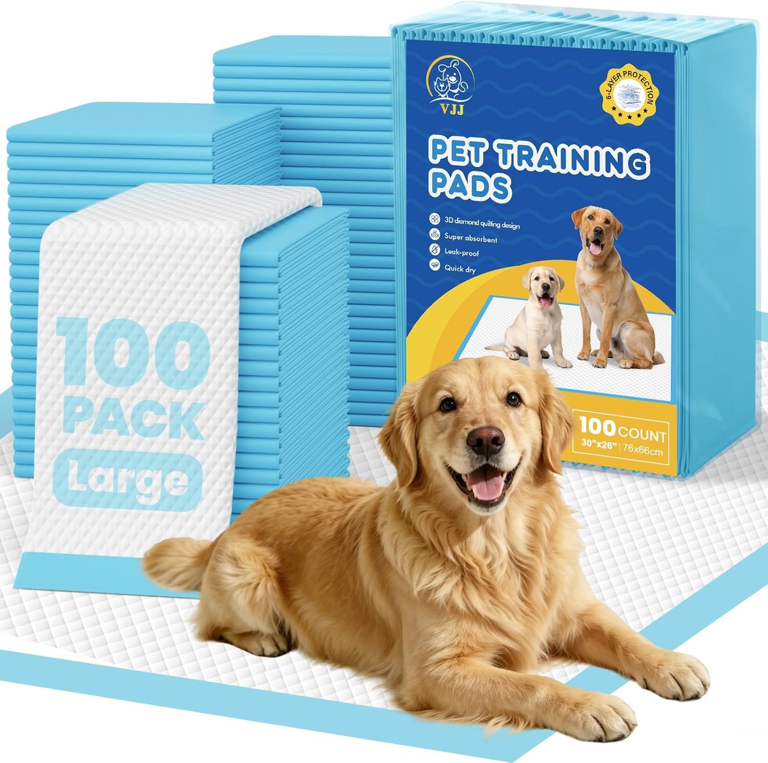 VJJ Puppy Pads 100 Count 30″x26″, Great Value Potty Pads for Dogs XL, Large Pee Pads Piddle Pads for Pet Training, Leak-Proof Dog Pee Pads for Doggy Daily Use