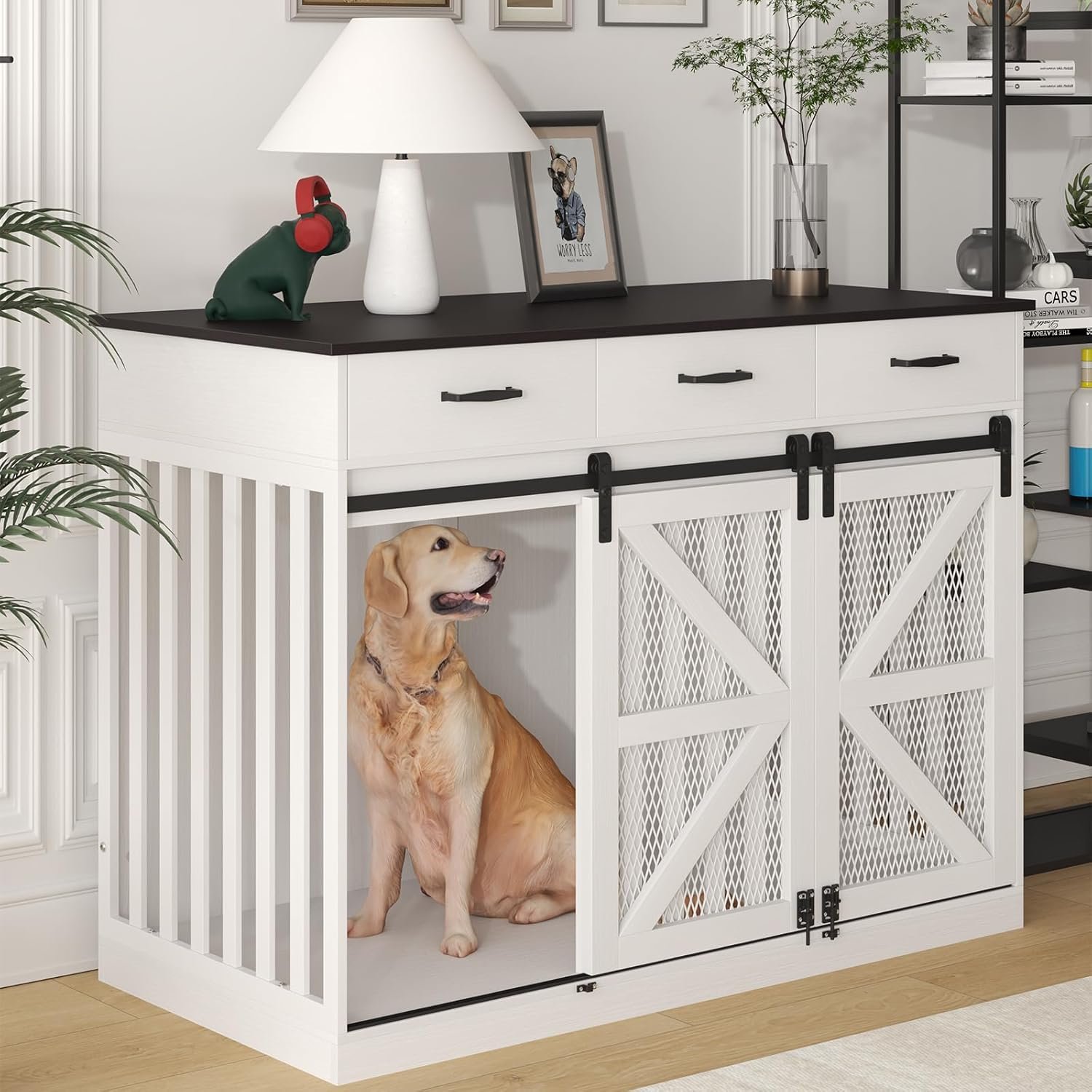 Spacesea Large Dog Crate Furniture with Sliding Barn Door, 48″ Wooden Dog Kennel Indoor End Side Table for Home Decor, Removable Divider, 3 Drawers, Furniture Style Dog Crate TV Stand