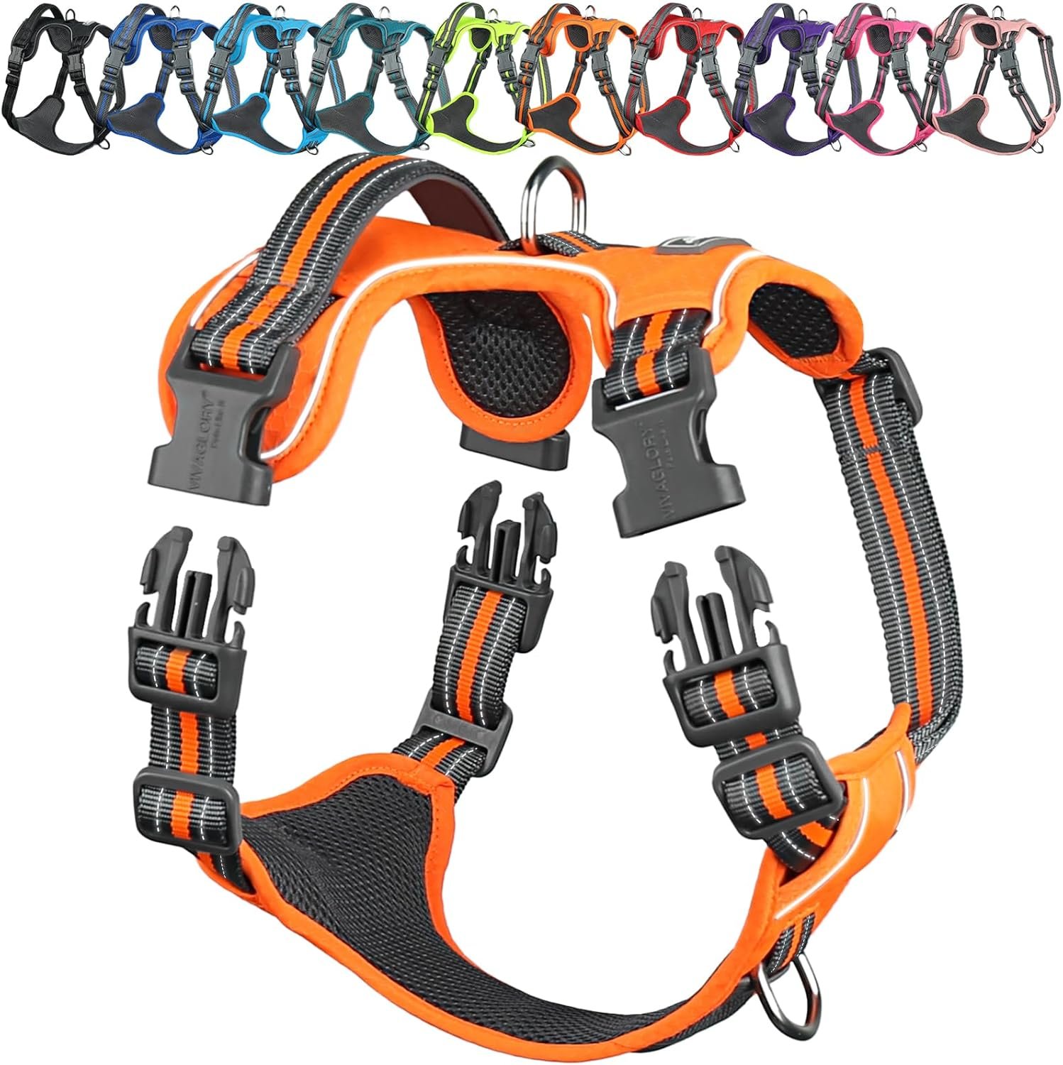 VIVAGLORY Dog Harness Easewalk No Pull Dog Harness with Handle Front Clip & Back Clip for Training Walking Lifting, No Pull Adjustable Easy On Padded Comfortable for Pet, M, Orange – Patterned