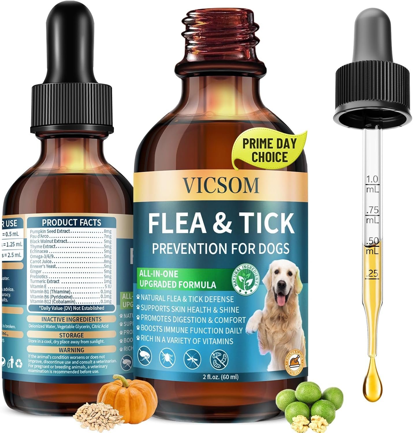 Natural Flea and Tick Prevention for Dogs, Oral Herbal Dog Flea and Tick Treatment Drops with Pumpkin Seed & Black Walnut for Dogs, Skin & Coat Care – Digestive & Immune for All Breeds and Ages, 60ml