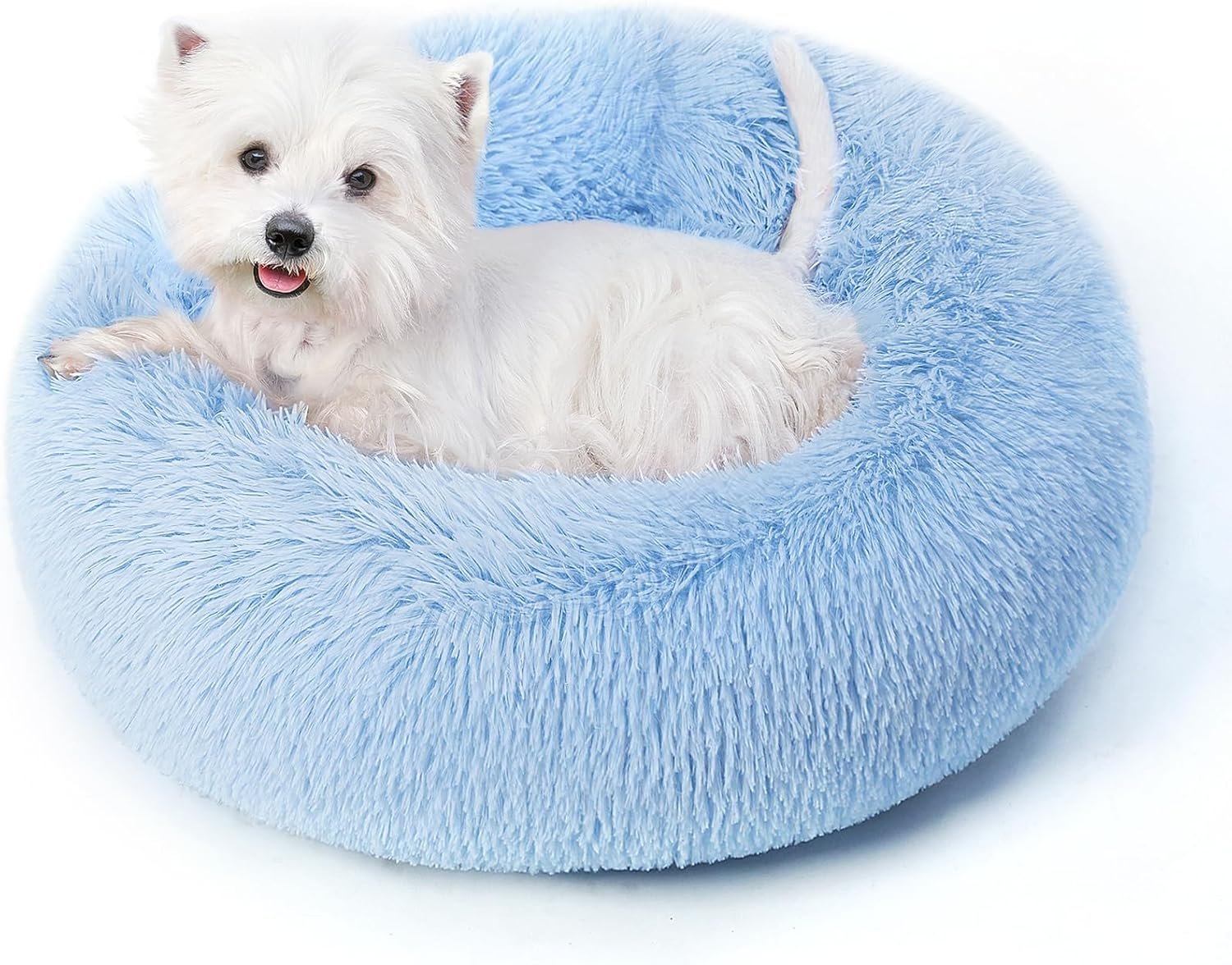 Calming Round Dog Bed & Cat Bed with Anti-Slip Bottom, Medium Size Washable Anti-Anxiety Donut Dog Beds for Small Dogs & Cats, Fluffy Plush Soft Dog Bed(24 Inch, Light Blue)