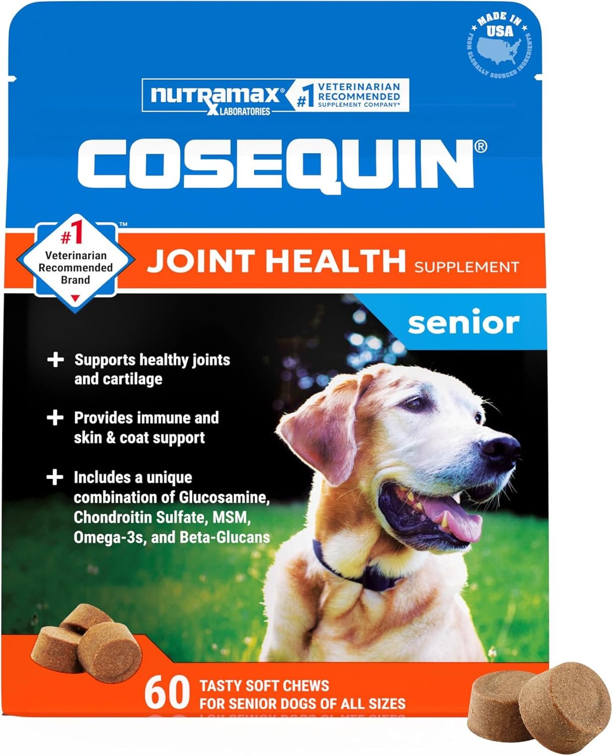 Nutramax Cosequin for Senior Dogs Joint Health Supplement, Contains Glucosamine for Dogs, Chondroitin, MSM, Omega-3s and Beta-Glucan, Supports Joint, Skin and Coat, Immune Health, Soft Chews, 60 Count
