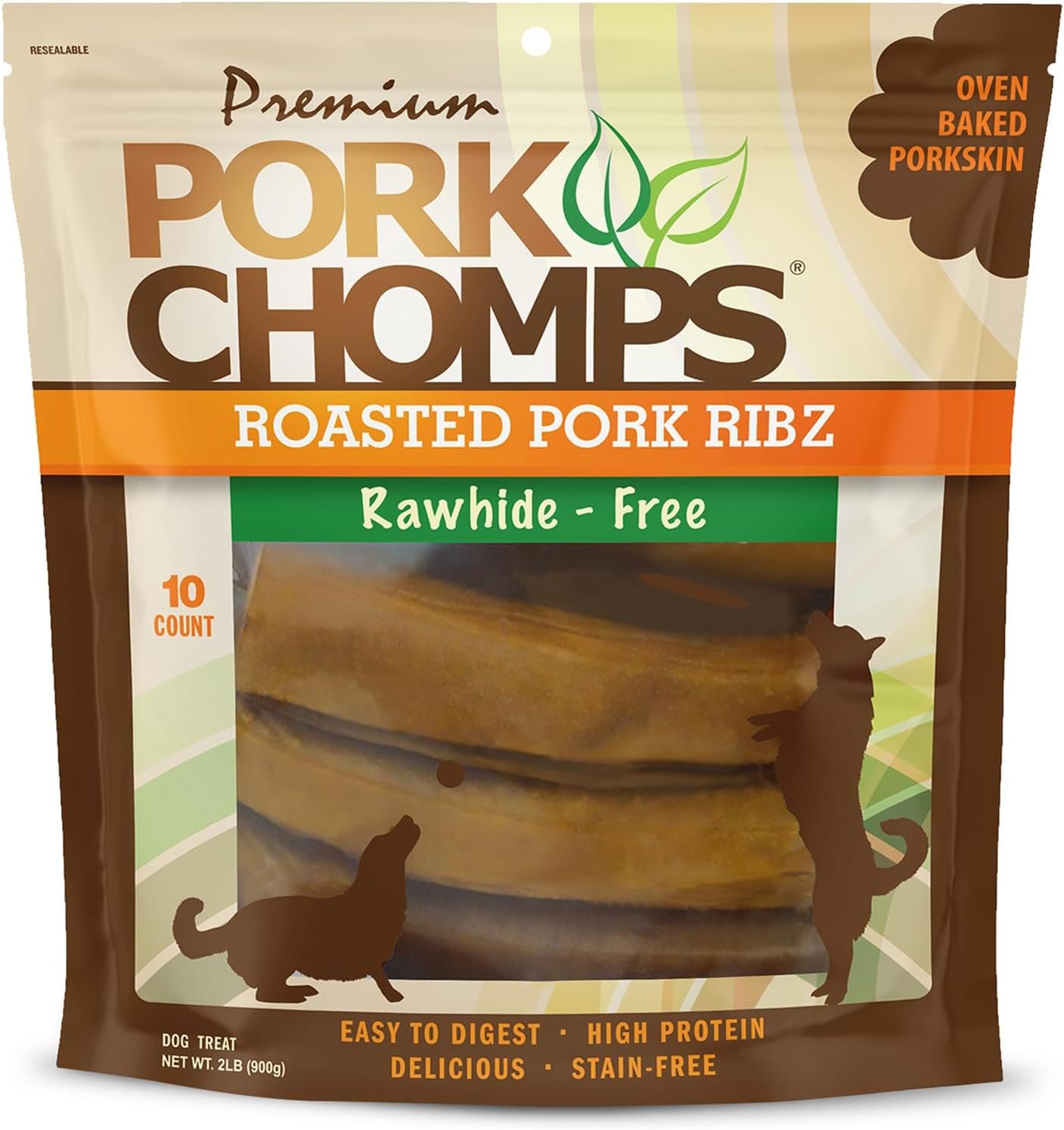 Pork Chomps Roasted Pork Skin Dog Chews, 6 Inch Rib Shapes, 10 Count, Pack of 1 – Long-Lasting Treats for Dogs – High Protein, Rawhide-Free, Low Fat, Healthy & Delicious Chews