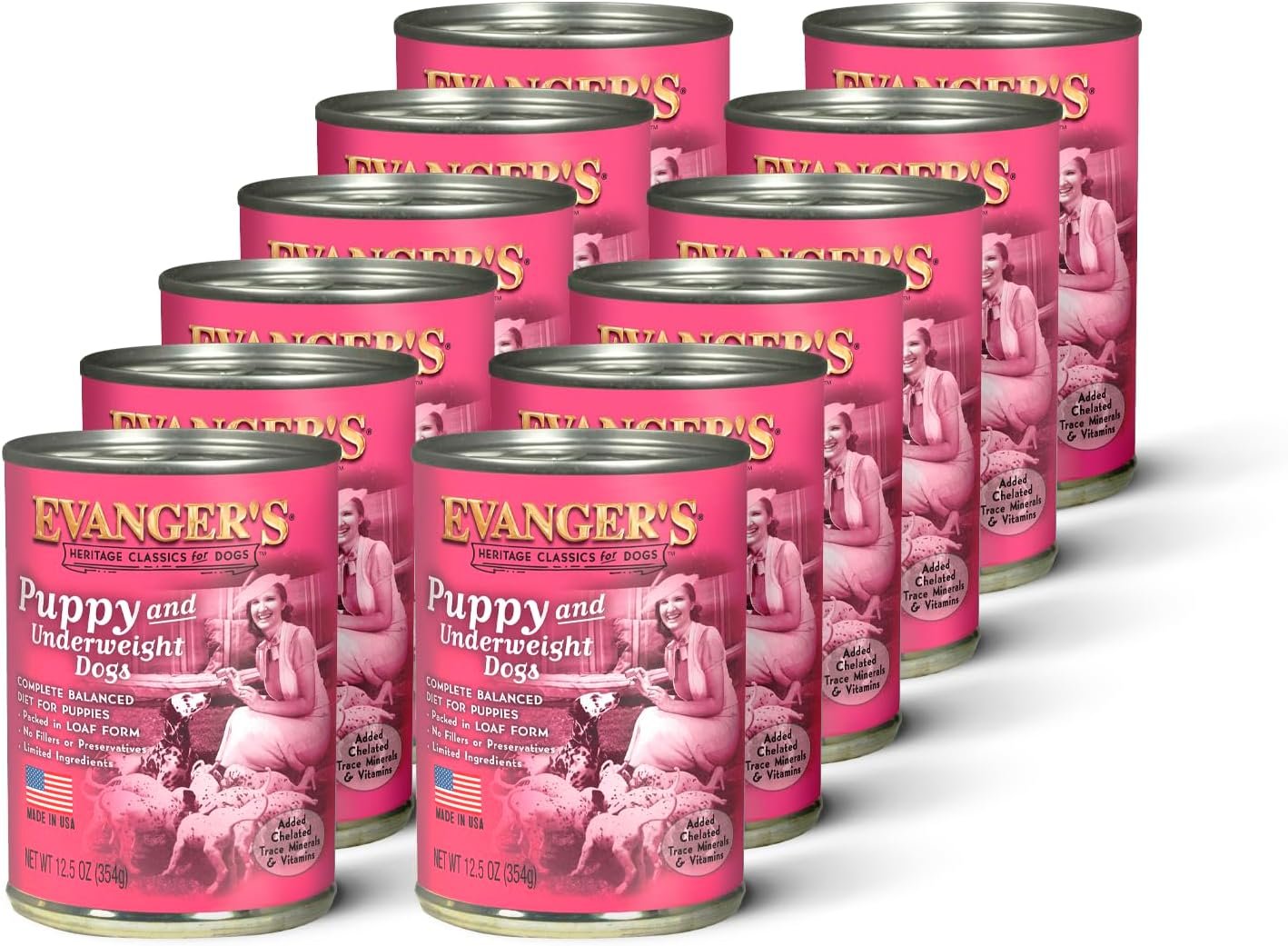 Evanger’s Heritage Classic Puppy Food – 12 Count, 12.5 oz Each – Tasty Meat-Based Formula for Puppies & Underweight Dogs – Added Vitamins & Chelated Trace Minerals – Grain & Gluten Free