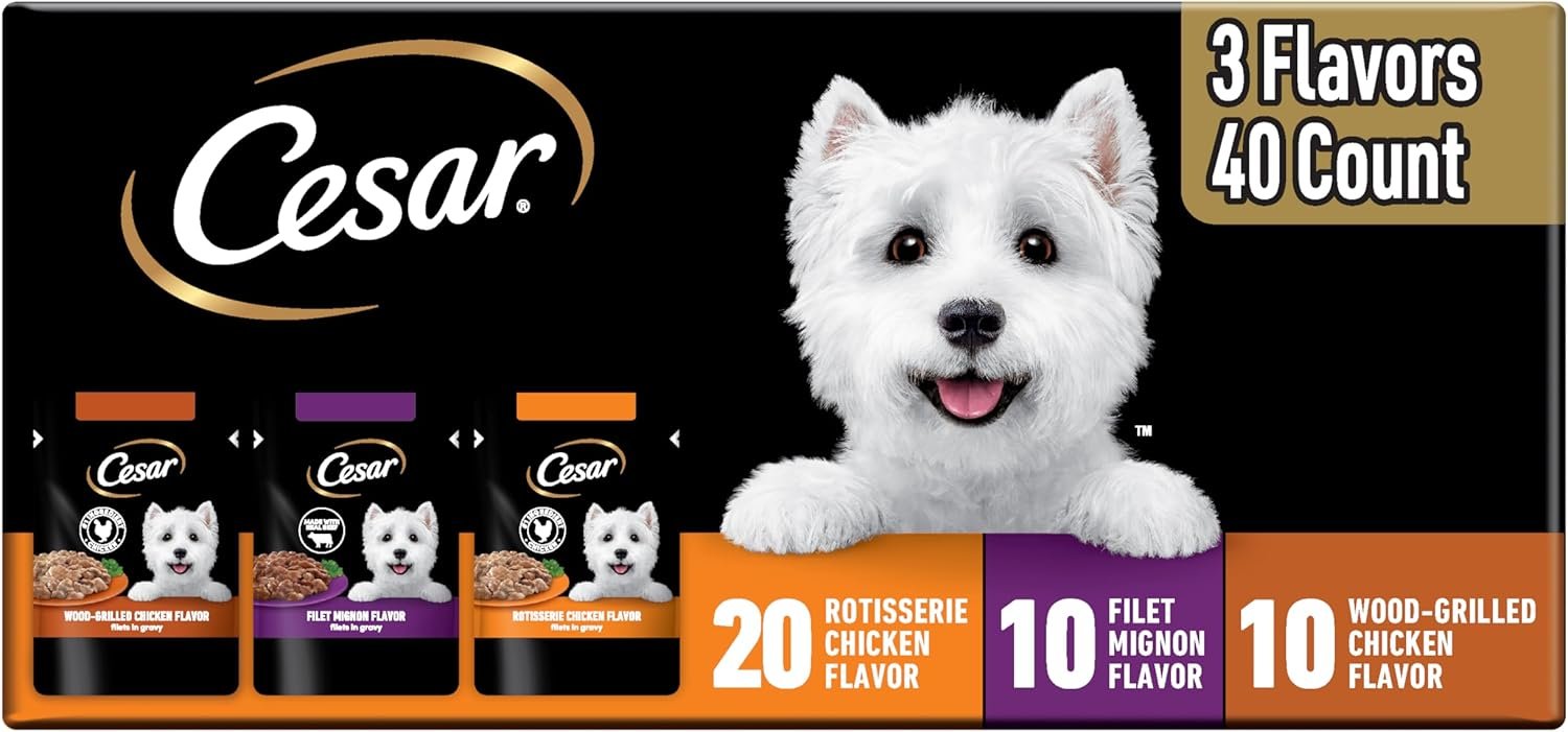 Cesar Filets in Gravy Wet Dog Food Rotisserie Chicken Flavor, Filet Mignon Flavor, and Wood-Grilled Chicken Variety Pack, Wet Food for Dogs, 1.76 oz. Mini-Pouches, 40 Count
