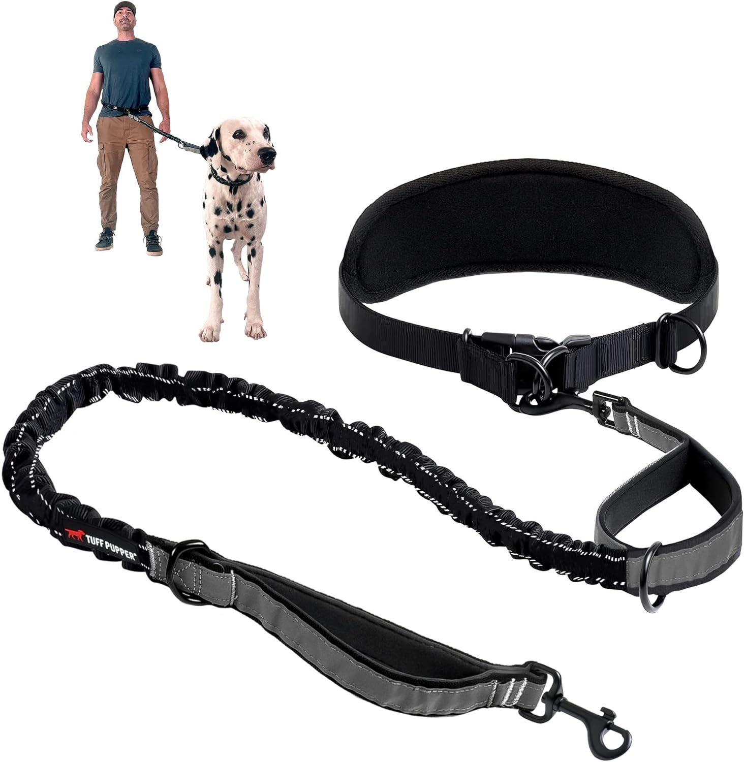 Tuff Pupper Heavy Duty Hands Free Dog Leash | One Large Dog Up to 125 lbs | Comfortable Shock Absorbing Bungee | Reflective Padded Handles | Lumbar Waist Belt 28-50″ | Walking Jogging Running Leash