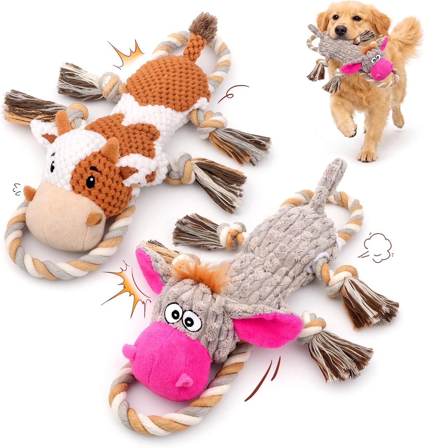 Squeaky Dog Toy Set – 2-Pack Crinkle No Stuffing Plush Dog Toys with Rope for Small to Large Dogs, Interactive Toys for Tug Play
