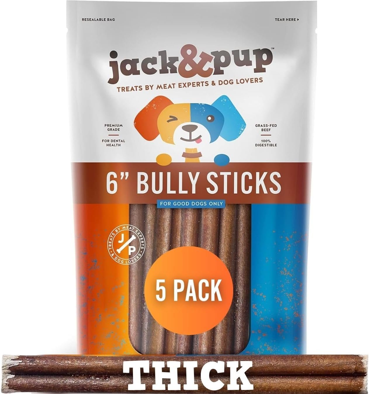 Jack&Pup 6 Inch Bully Sticks for Dogs (5 Pack) Extra Thick Long Lasting Dog Chews, Single Ingredient, 100% Beef Bully Sticks for Large Dogs