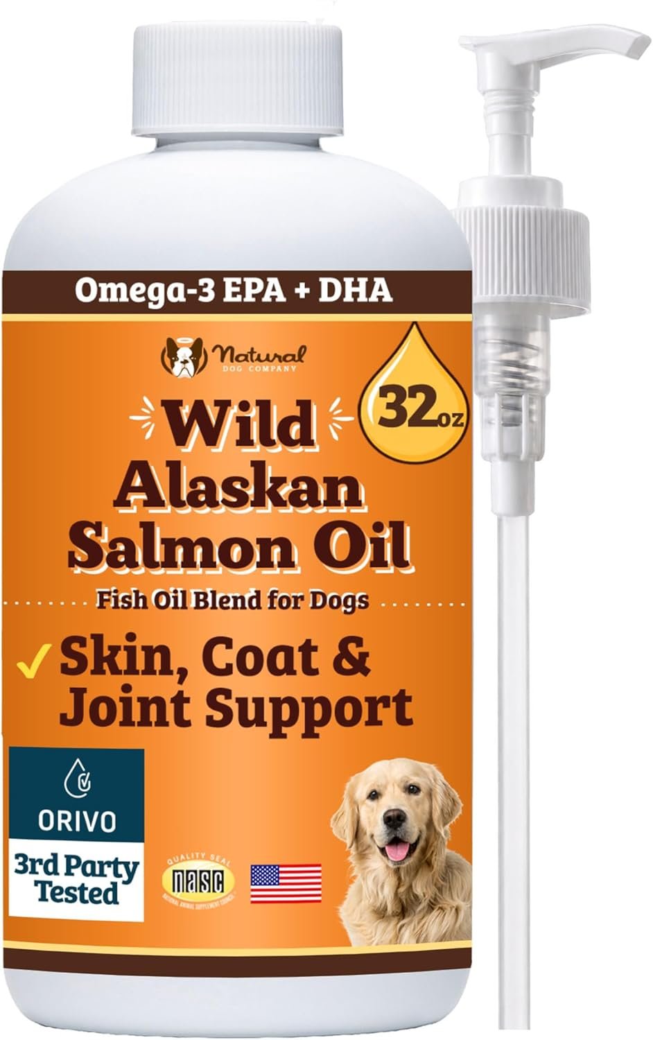 Natural Dog Company Wild Alaskan Salmon Oil for Dogs – EPA & DHA Omega 3 Fish Oil Supplements with Salmon & Pollock Blend for Skin, Coat, Joints, Heart & Immune Support, 32 oz