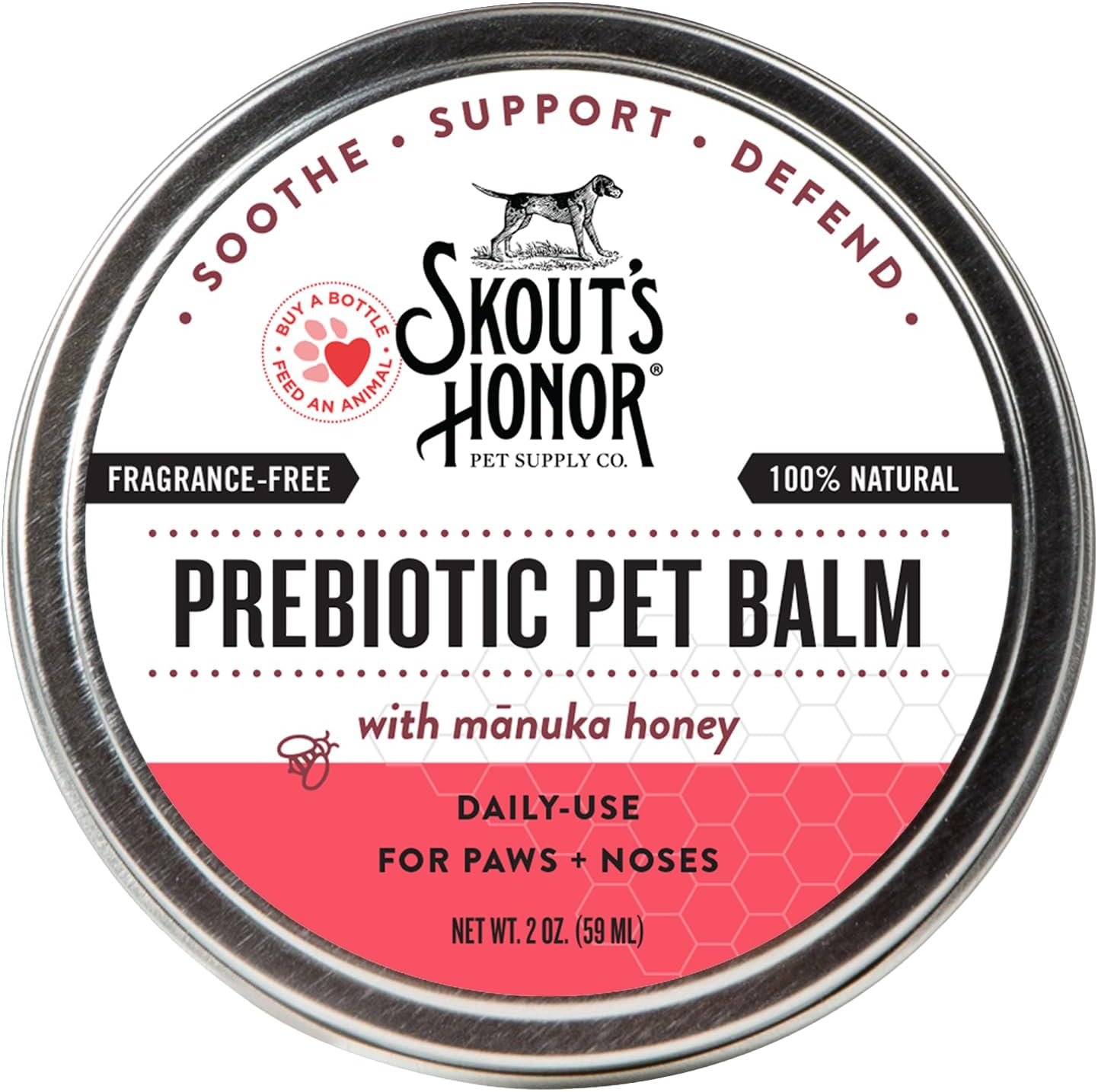 SKOUT’S HONOR Prebiotic Pet Balm – 100% Natural and Made w/Manuka Honey to Promote Healing of Your pet’s paw Pads and Nose, Soothes Dry, Itchy Paws and Noses – Safe for Cats and Dogs, 2oz, 1-Pack