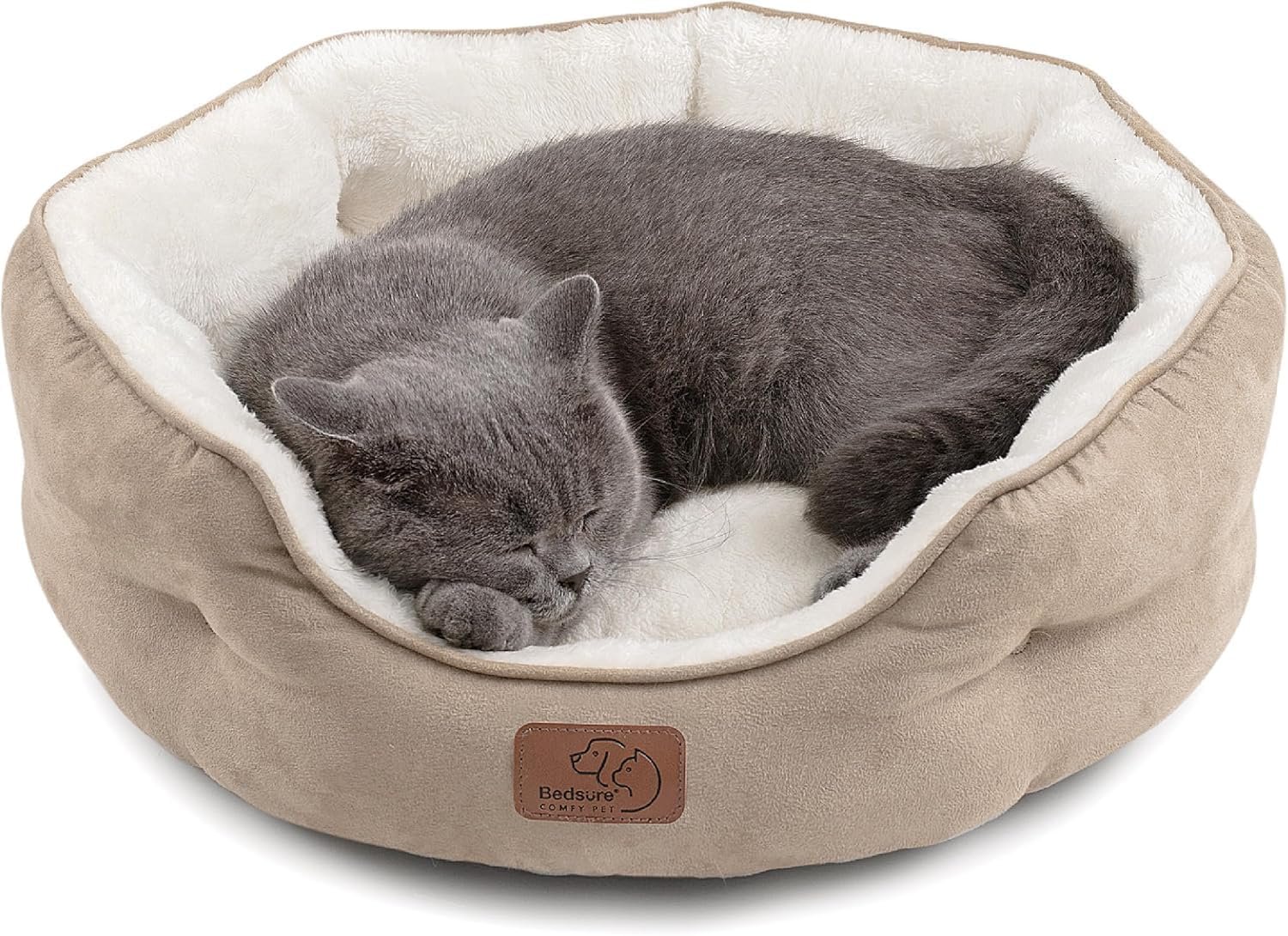 Bedsure Dog Beds for Small Dogs – Round Cat Beds for Indoor Cats, Washable Pet Bed for Puppy and Kitten with Slip-Resistant Bottom, 20 Inches, Camel