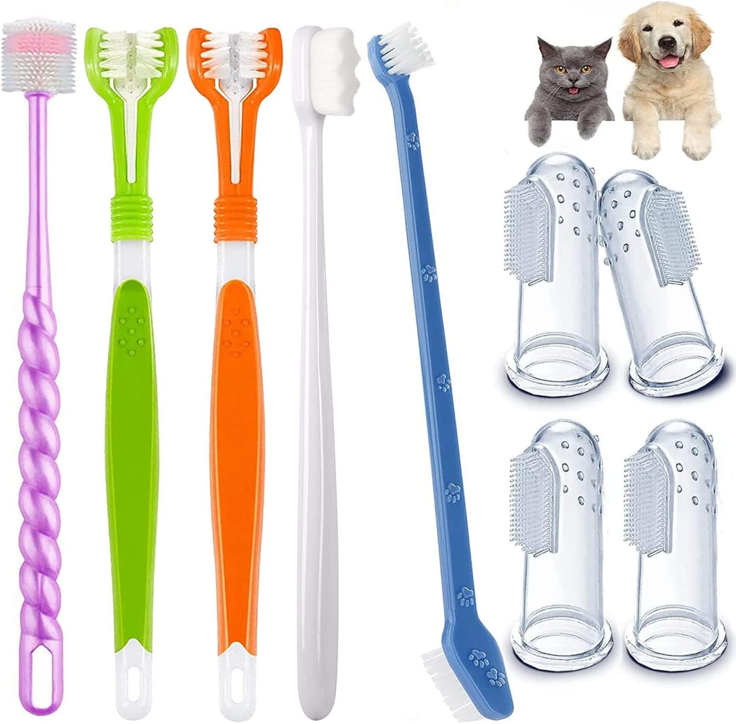 9-Pack Dog Toothbrush Kit, Triple Head & Double Head Dog Toothbrush, 360 Finger SiliconeToothbrush, Multi-Angle Dental Cleaning Brushes for Cat Oral Health