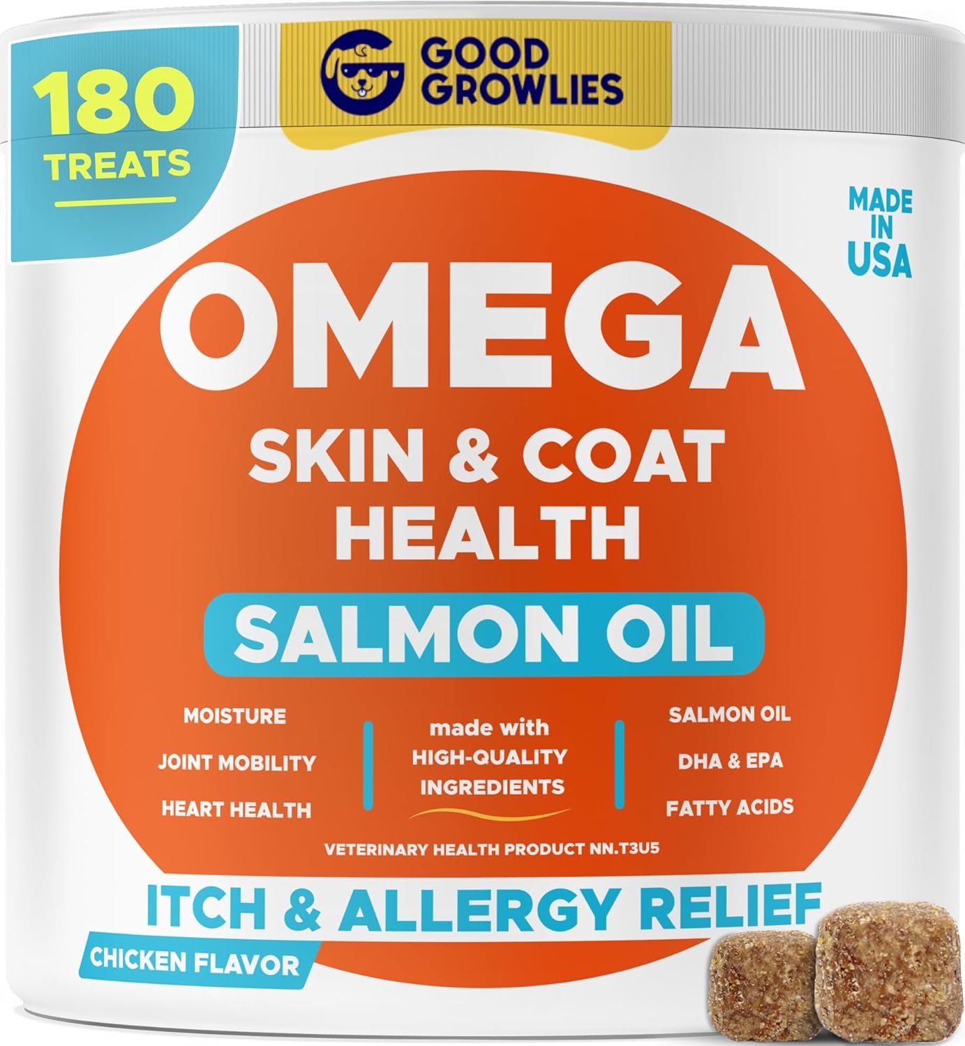 Omega 3 Fish Oil for Dogs (180 Ct) – Skin & Coat Chews – Dry & Itchy Skin Relief + Allergy Support – Shiny Coats – EPA&DHA Fatty Acids – Natural Salmon Oil Chews Promotes Heart, Hip & Joint Support
