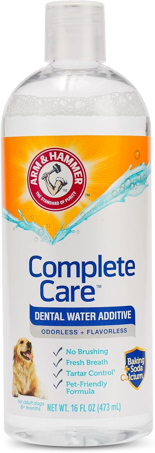 Arm & Hammer Complete Care Dog Dental Water Additive, Odorless Flavorless Daily Oral Care Solution with Baking Soda and Calcium for Plaque, Tartar, and Fresh Breath, 16 Fl Oz
