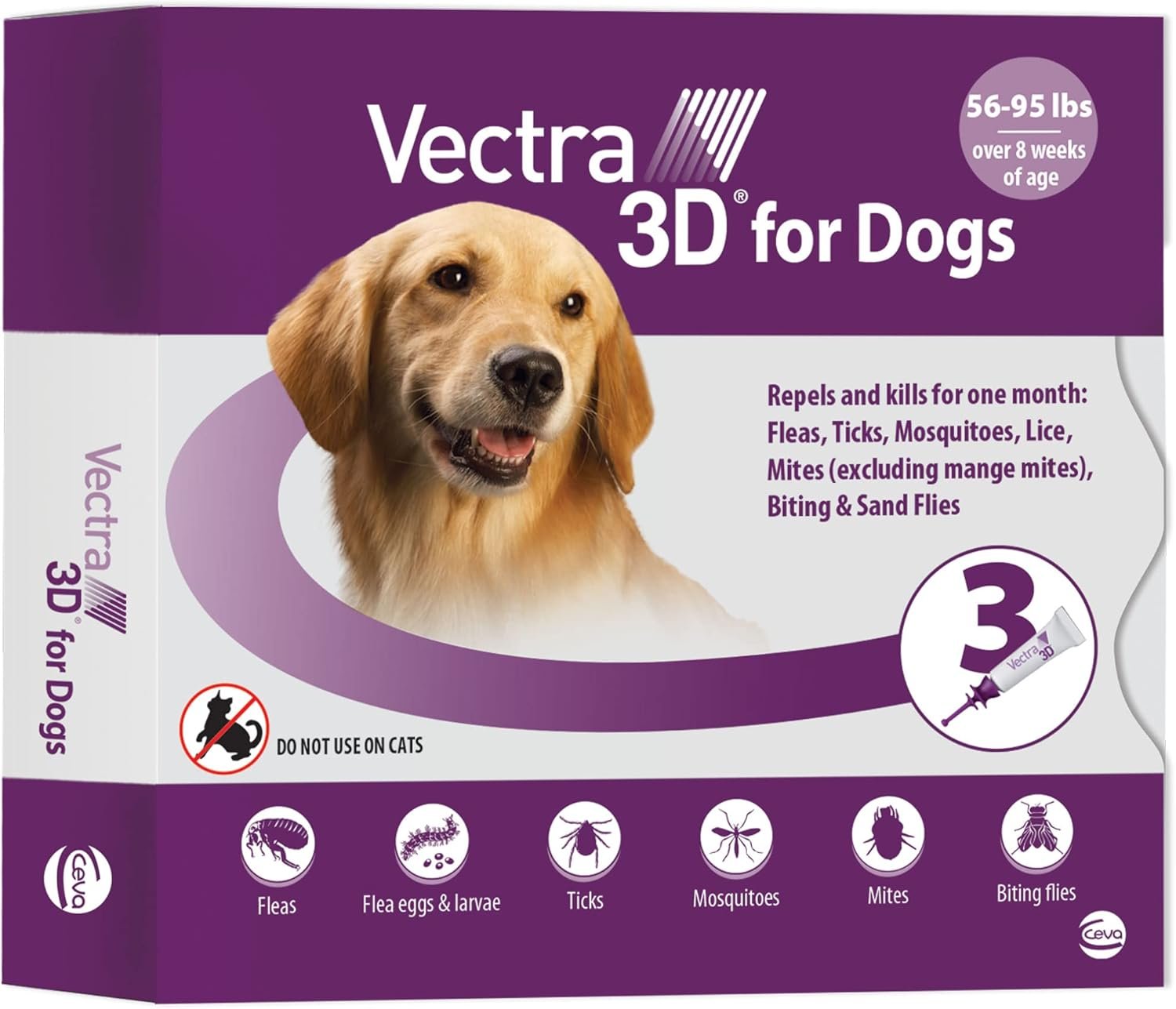 Vectra 3D Flea and Tick Prevention for Dogs, Kills and Repels Fleas, Ticks & Mosquitoes | Fast‑Acting, Waterproof, No Prescription Needed | Large Dogs 56–95 lbs, 3‑Month Supply