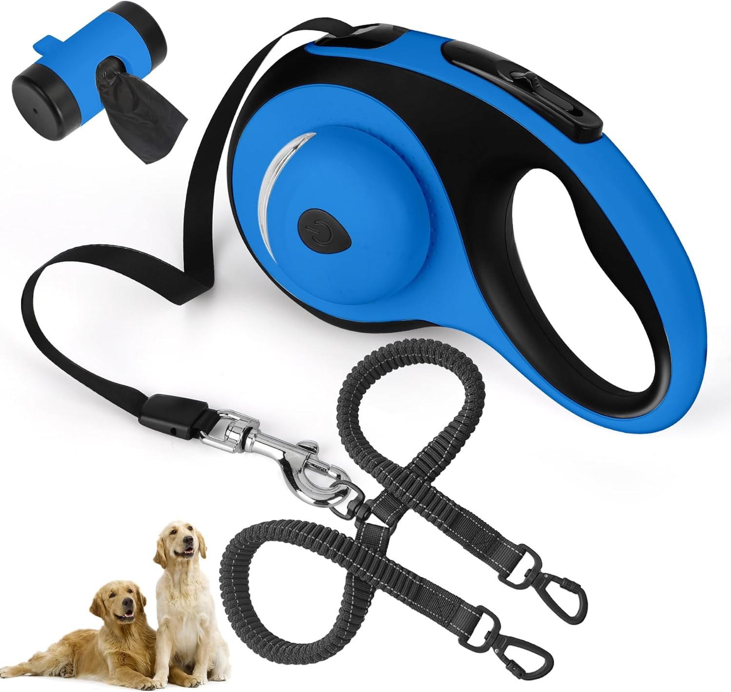 Dual Retractable Dog Leash for 2 Large Dogs (Up to 110LBS Each) – Double Headed Pet Leash with Poop Bags and LED Light, One Button Brake & Lock, 360 Tangle-Free (Blue, Large)