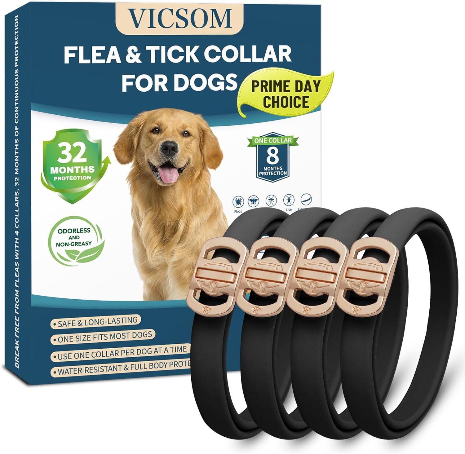 Flea and Tick Collar for Dogs 4 Pack, 32 Months Prevention, Waterproof, Adjustable for Small Medium Large Dogs Puppies (Black)
