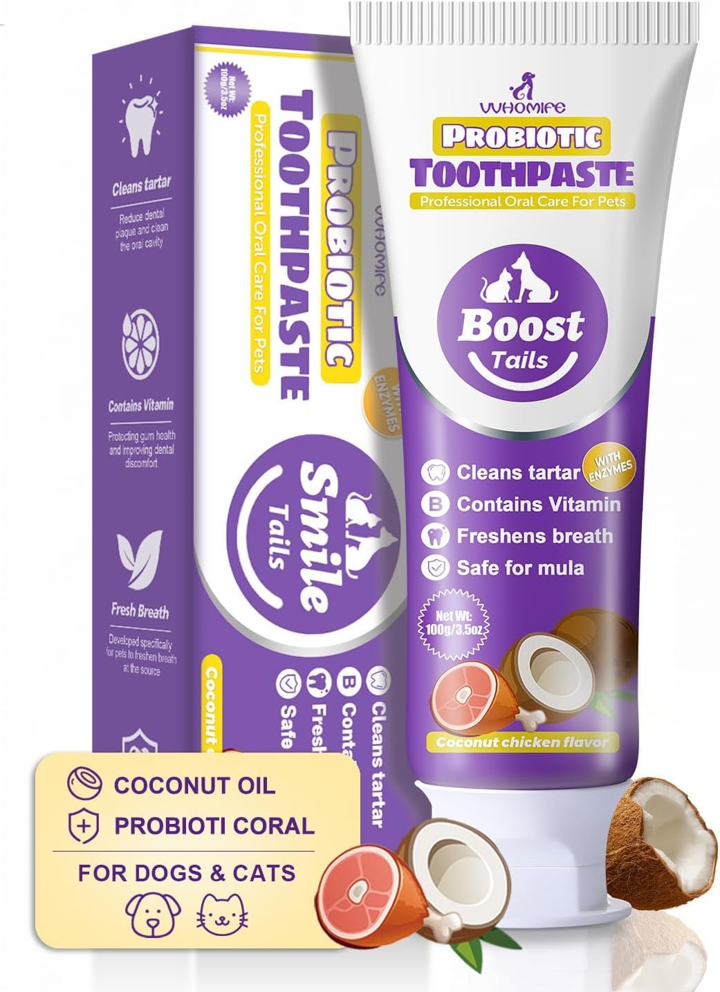 Natural Coconut Oil Dog & Cat Toothpaste, Safe to Swallow, 3.52oz | Gentle Cleaning, Non-foaming Daily Care with Hydrated Silica, Probiotics, Vitamin B, Daily Comfort.