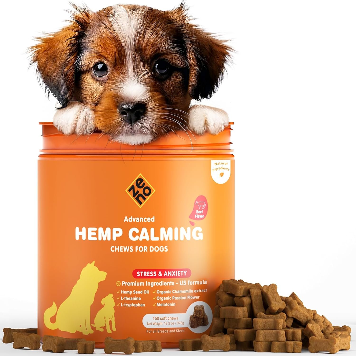 ZENO Hemp Calming Chews for Dogs Anxiety – 150 pcs – Melatonin for Stress Relief, Travel, Check-ups, Barking or Grooming – Dog Calming Treats – Beef Flavor