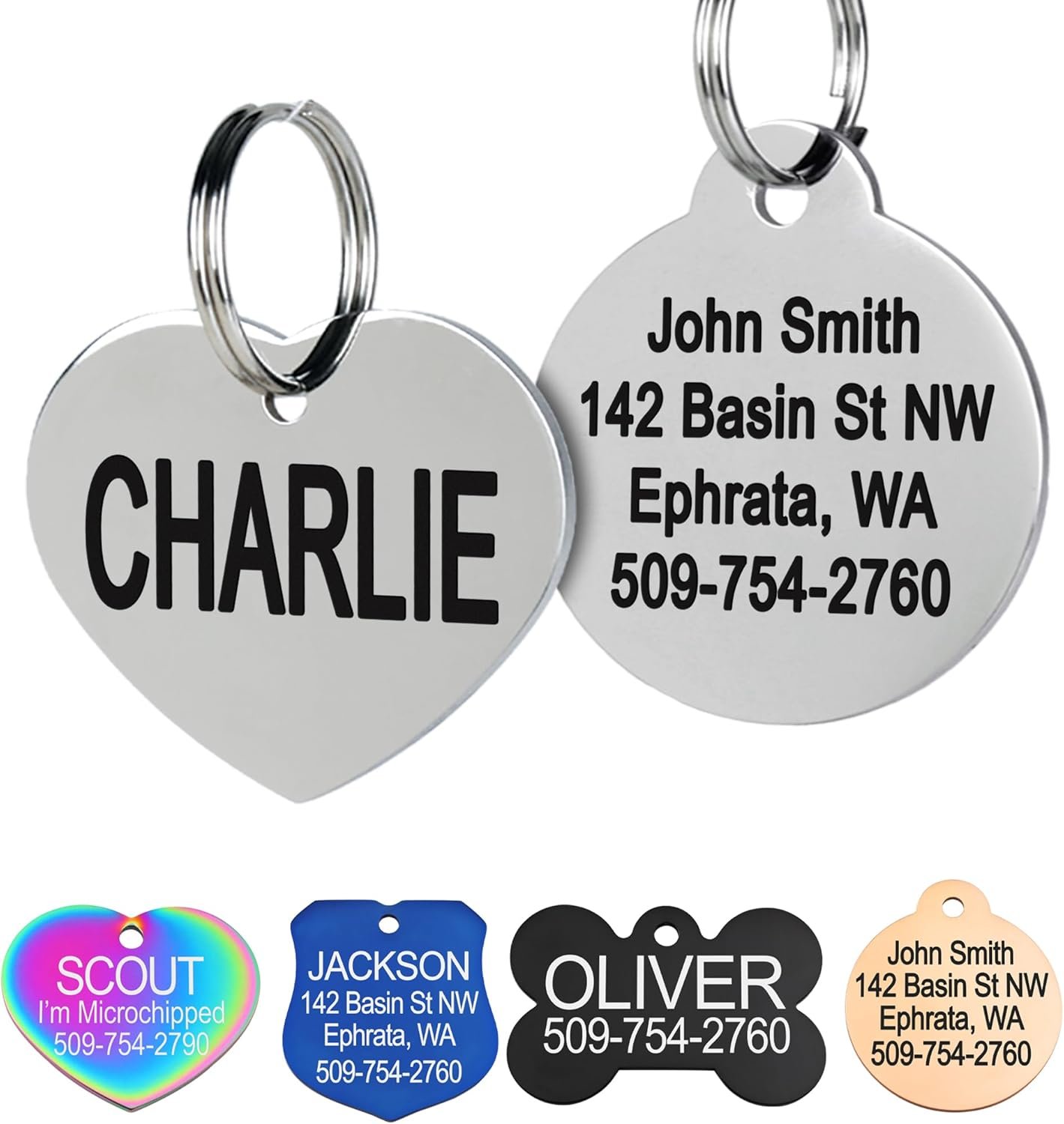 GoTags Stainless Steel Pet ID Tags, Personalized Dog Tags and Cat Tags, up to 8 Lines of Custom Text, Engraved on Both Sides, in Bone, Round, Heart, Bowtie and More (Heart, Regular (Pack of 1))