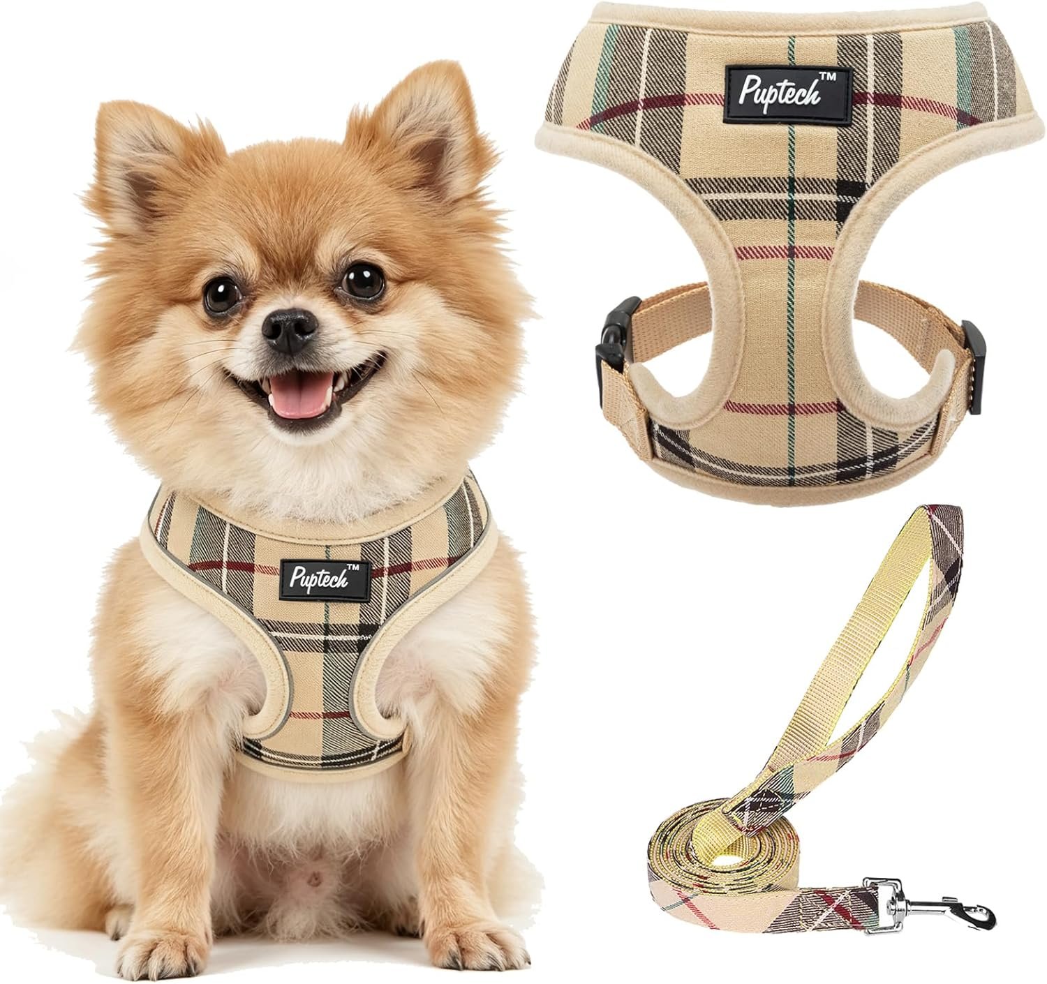 PUPTECK Soft Mesh Dog Harness Small Sized and Leash Set Pet Puppy Cat Comfort Padded Vest No Pull Harnesses, Beige, S