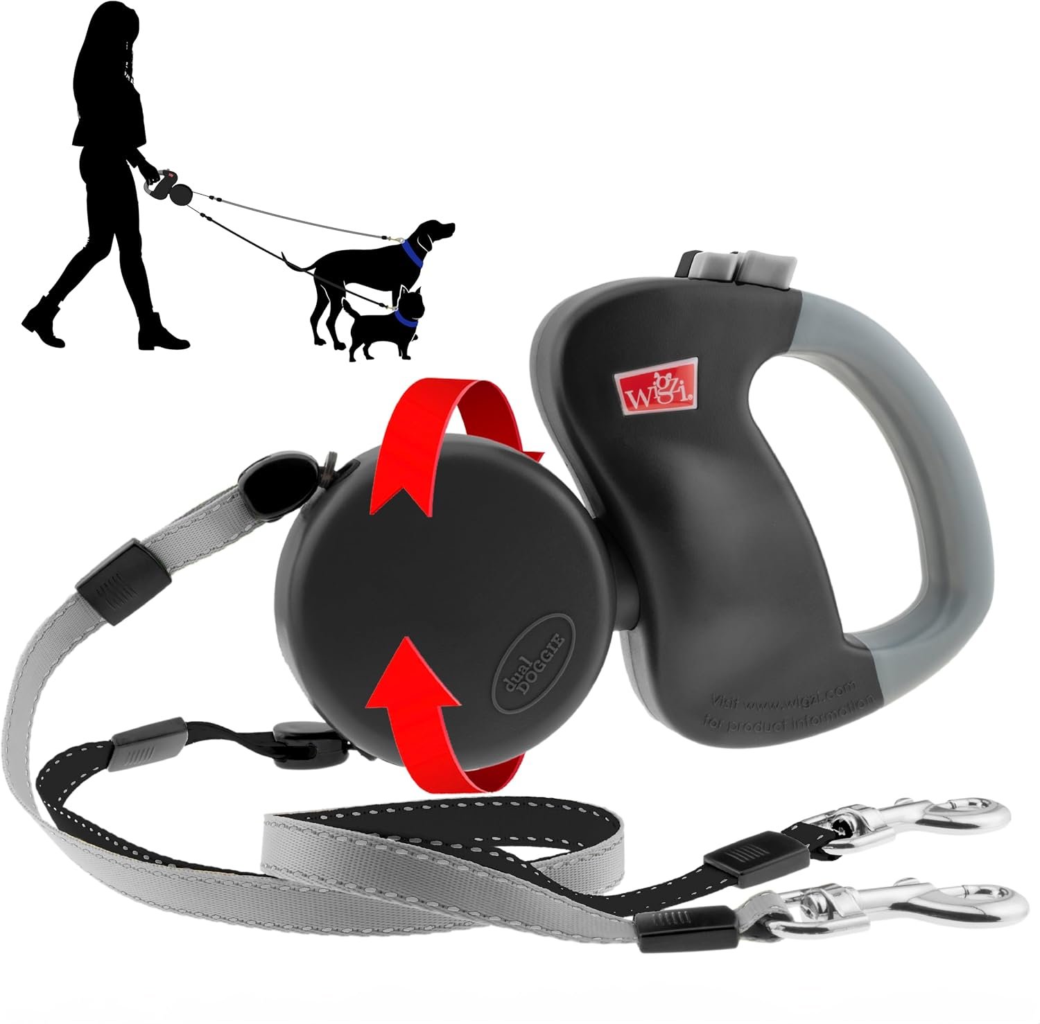WIGZI – 2025 Enhanced Edition – Dual (2) Dog Retractable Leash, Auto-Untangles, Supports Up to 50lb Dogs, 10ft Distance Each Dog, Color-Coded Control, Reflective Leads, Waterproof (Black)