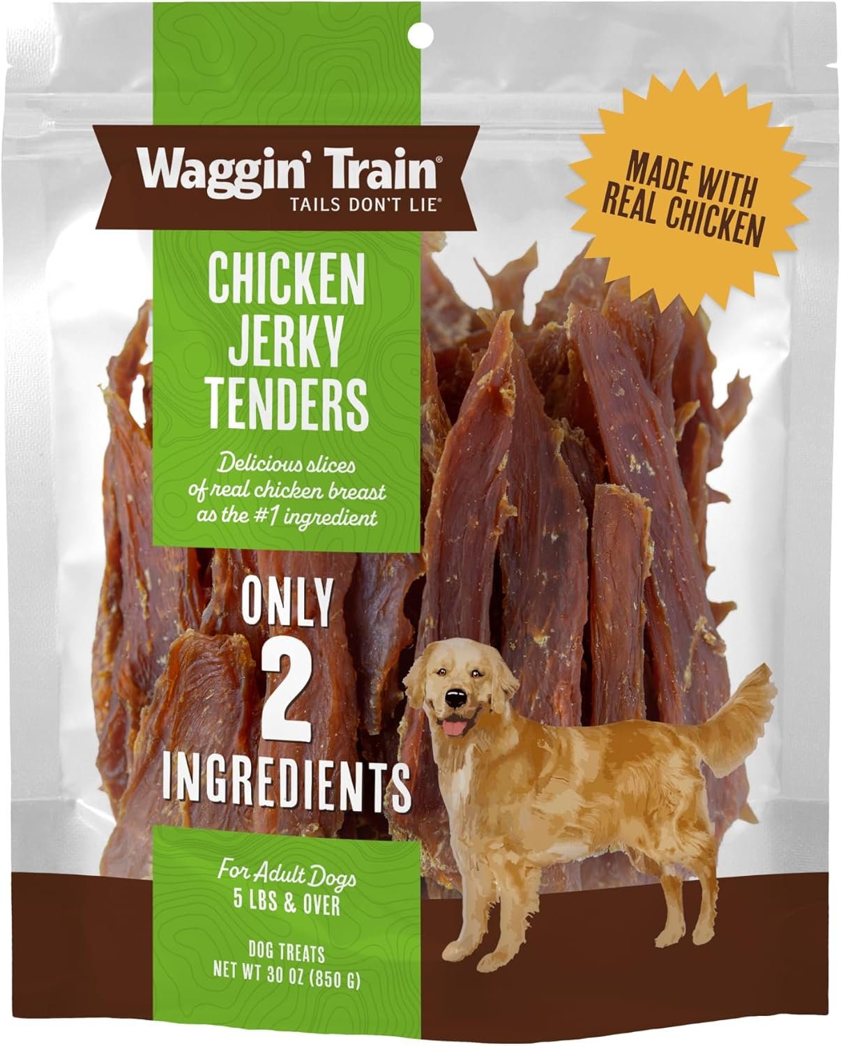 Waggin’ Train Chicken Jerky Dog Treats, Made with 100% Real Chicken Breasts, Only Two All-Natural Ingredients, Great High Protein Dog Treat, Easily Digestible for Big or Small Dogs, 30 oz. Pouch