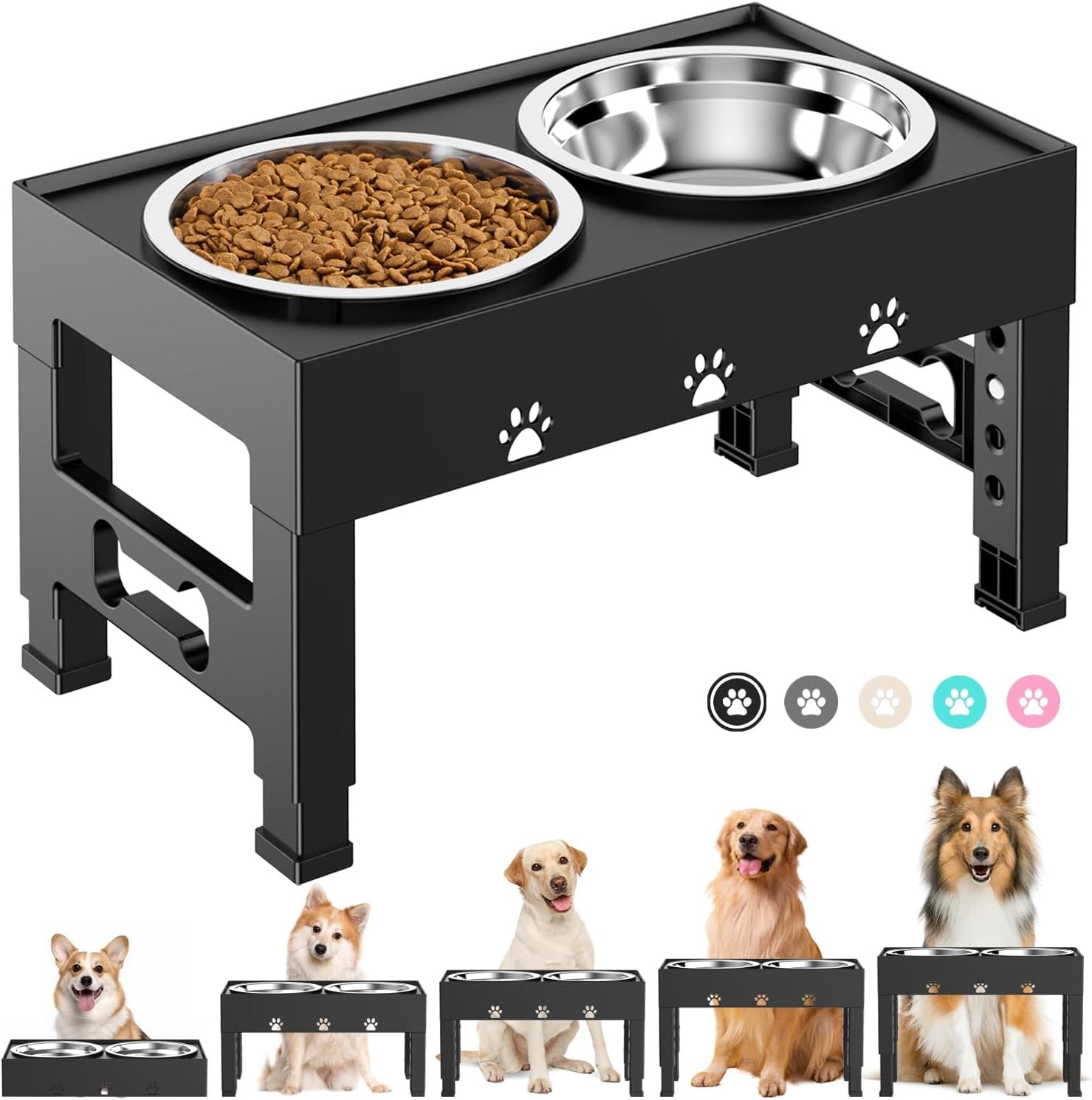 Elevated Dog Bowls with 2 Stainless Steel Bowls, 5-Height Adjustable Stand (3.1″, 9″ to 12″), for Improved Digestion & Neck Support, Easy Clean, Non-Slip Base Raised Feeder for Medium Large Dogs